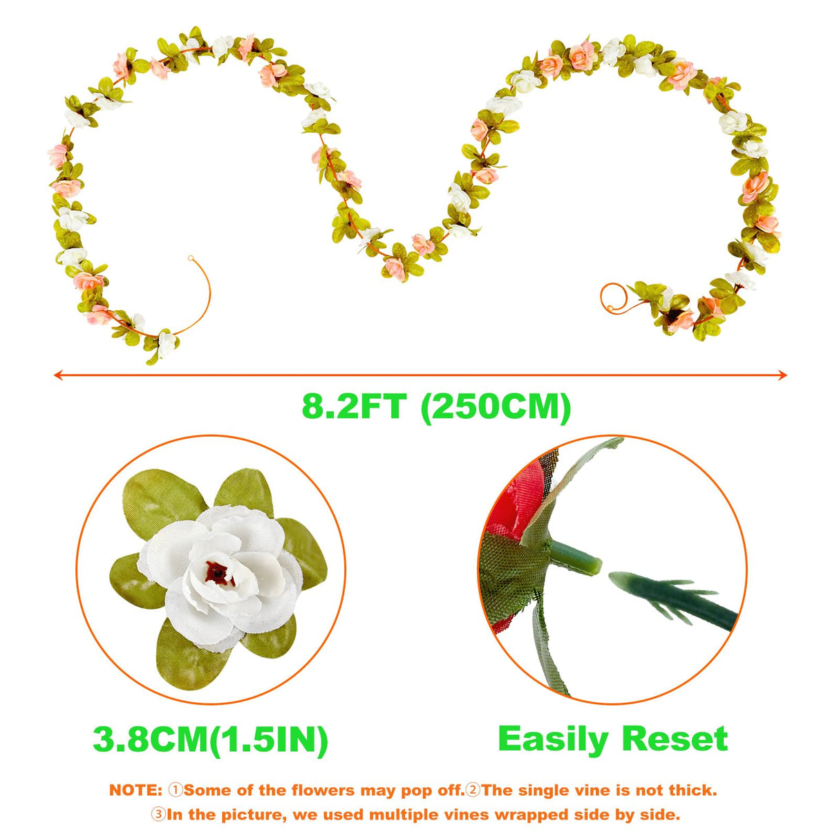 PONKING 8 Pcs x 8.2 ft Flower Garland Artificial Rose Vine Flowers with Green Leaves Hanging Fake Roses Vine for Room Party Home Wedding Birthday Christmas Wall Arch Decor, Spring Pink Flower
