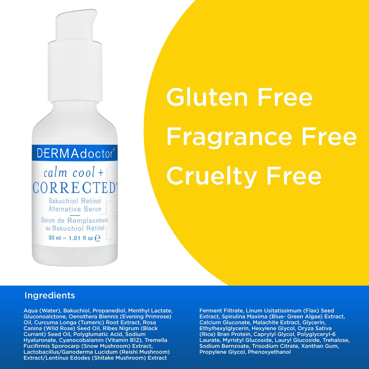 DERMAdoctor Calm Cool + Corrected Dermatologist Formulated Bakuchiol Retinol Alternative Serum for Sensitive Skin; Anti Aging Serum for Fine Lines, Wrinkles, Brightening and Pore Minimizing - 1.01 oz