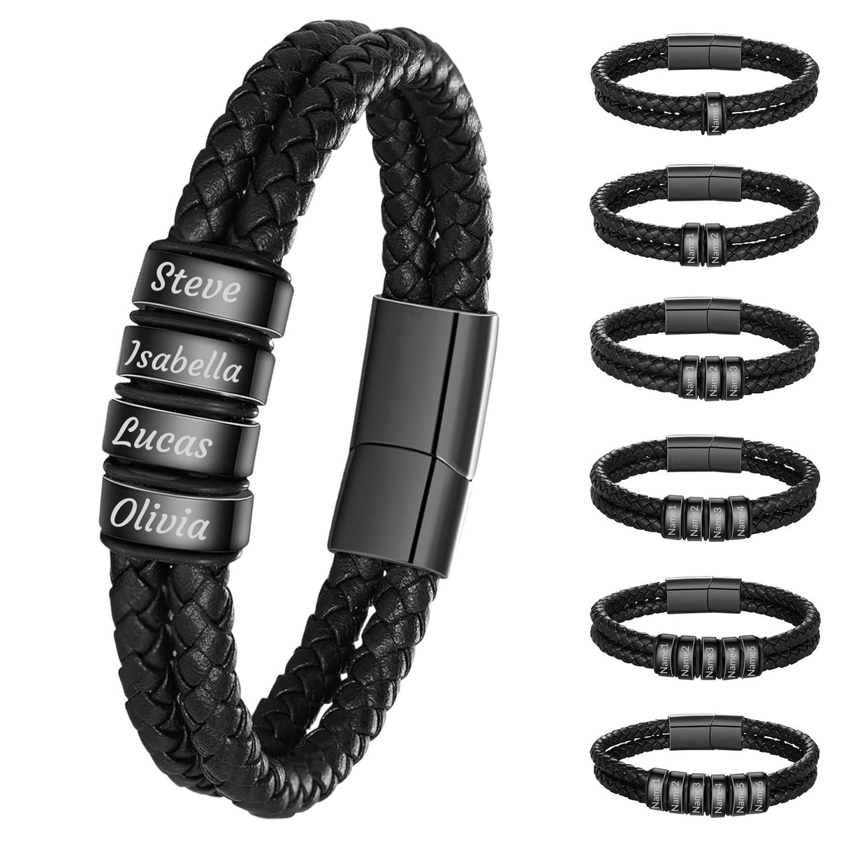 Personalized Braided Leather Bracelets Custom Leather Name Bracelet engraved with 1-6 Names for Men Gifts for Christmas Valentines Fathers Day Birthday Anniversary Boyfriend Grandpa (Black)