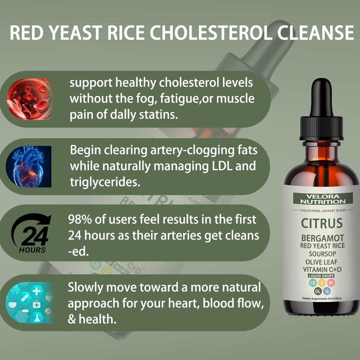 velora Red Yeast Rice Cholesterol Cleans Drops with Citrus, Bergamot, Red Yeast Rice, Soursop, Olive Leaf, Vitamin C+D, Natural, Non-GMO, Vegan 2 fl oz (1pc)