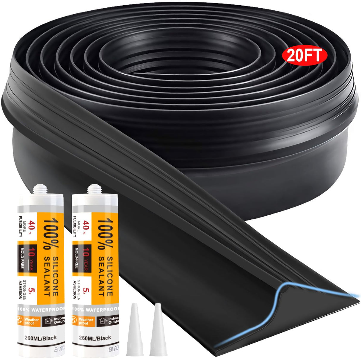 Jin&Bao Universal Garage Door Threshold Seal Strip 20FT Kit, Bottom Waterproof Rubber Weather Stripping Replacement(Black, 2 Adhesive)
