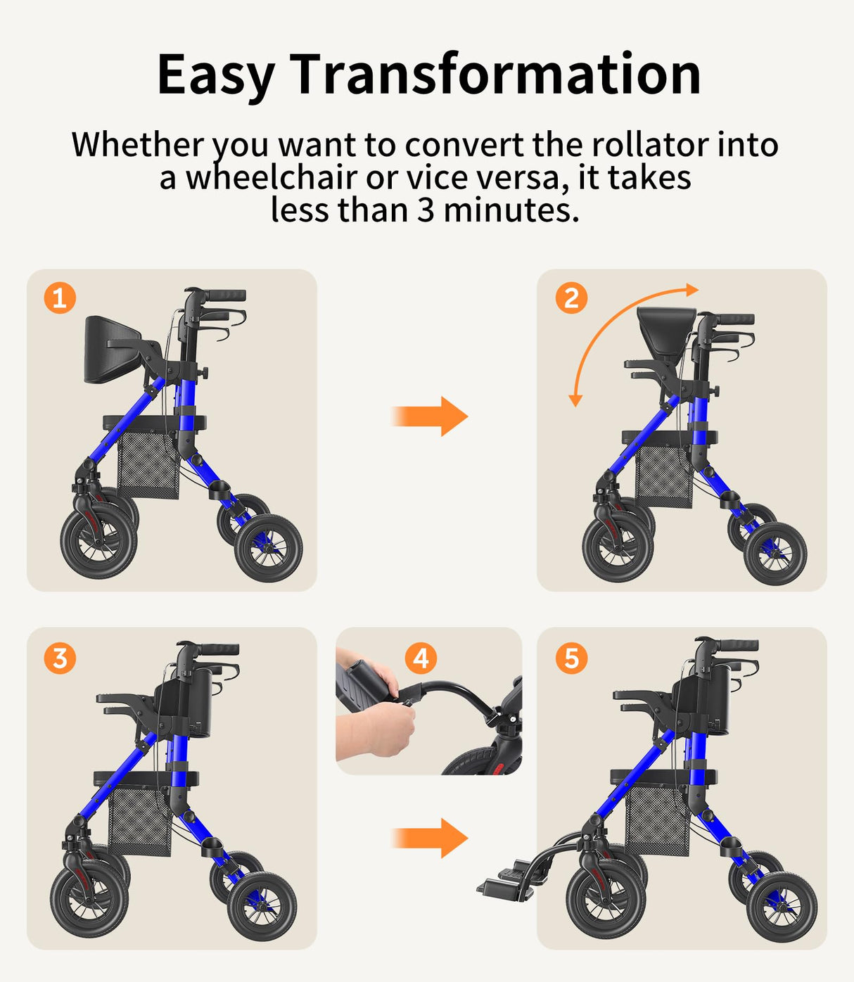 VOCIC Transport-Wheelchair-Lightweight-Foldable, Walker Wheelchair Combo, Rollator-Walkers-for-Seniors-with-Seat, 2 in 1 Rolling Walker, 300lb Adults 4 Wheel Transport Chair w/Brakes & Pouch-FSA HSA