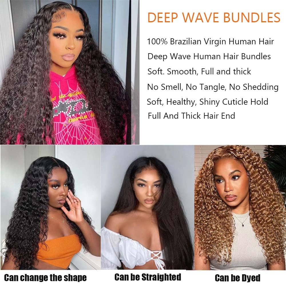 Deep Wave Human Hair Bundles 20 22 24 Inch Deep Wave Bundles Deep Curly Human Hair Bundles Unprocessed Brazilian Virgin Wet And Wavy Weave 3 Bundles 12A Human Hair Extensions
