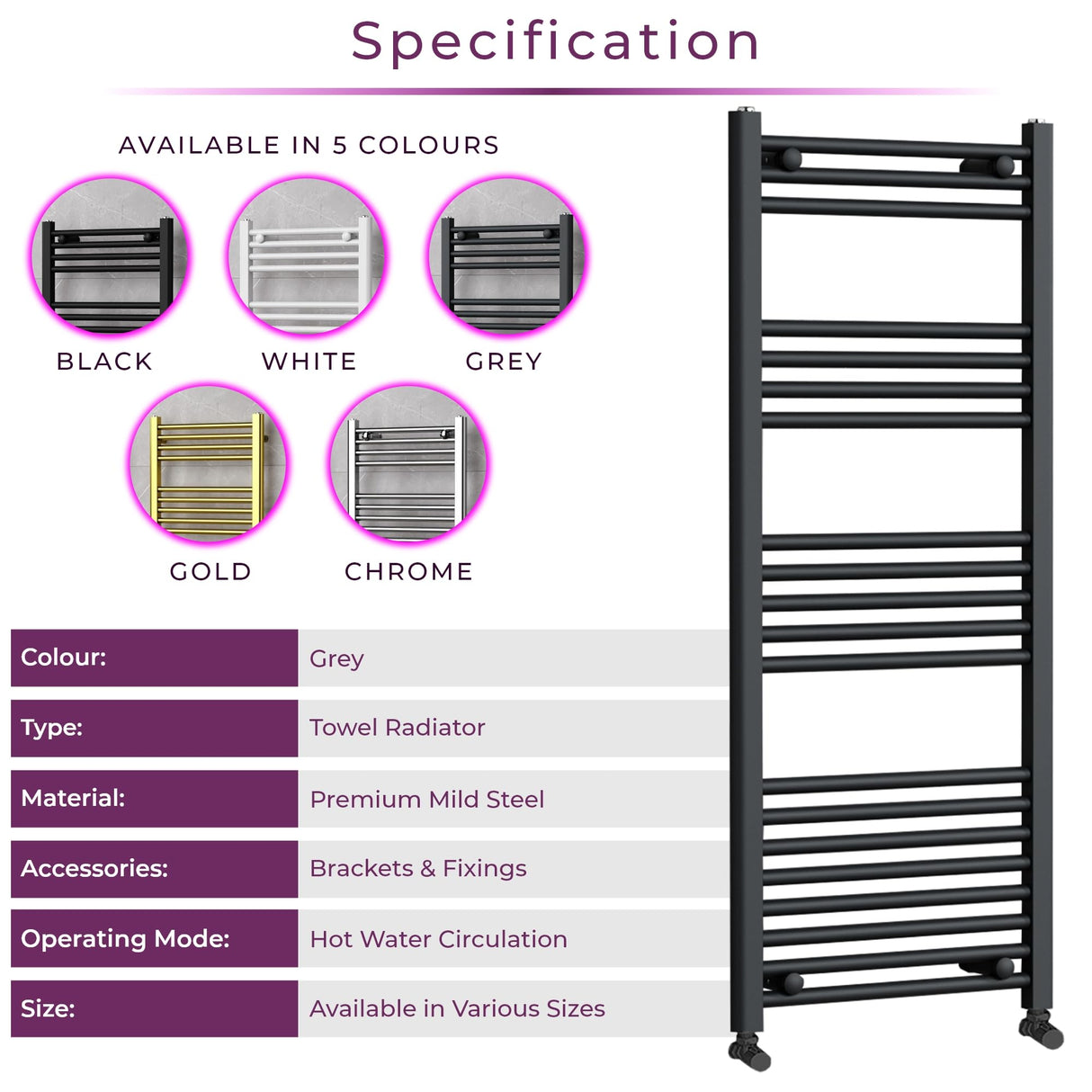 Nola Bathroom Towel Rail Heated Bathroom Radiator Wall Mounted Ladder Design Grey - 1200mm x 500mm