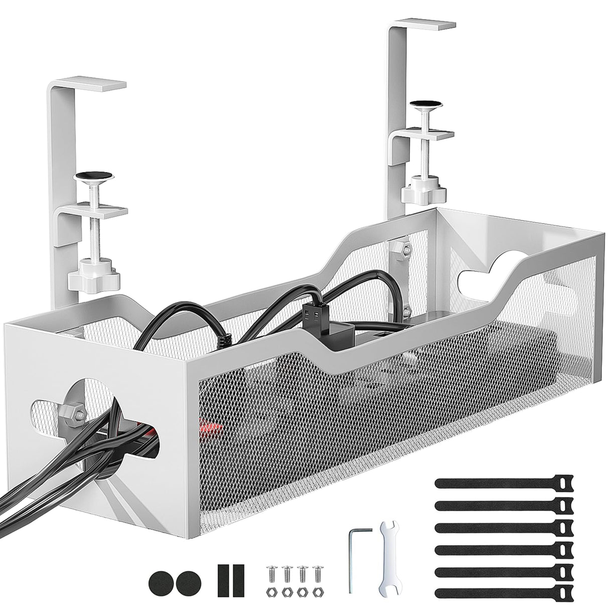 Under Desk Cable Management Tray, Litwaro No Drill, Metal Tray with Clamp for Wire Management, Cord Organizer Home Office Damage to Standing Desk, White, 13.38''