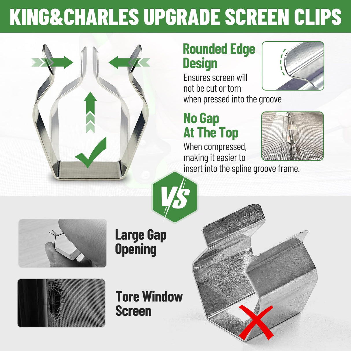 King&Charles Window Screen Door Repair/Replacement Kit, Include Black Screen Mesh 48"x118"+ 2 Roller+50Ft Spline+8Clips+Hook, 6 in 1 Window Mesh Kit, Steel/Nylon Bearing Roller