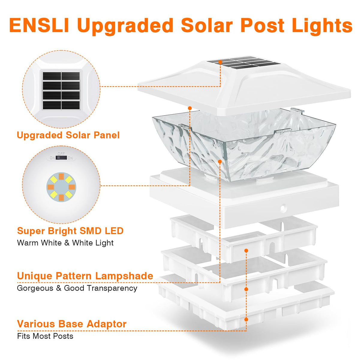 ENSLI 8 Pack Solar Post Cap Lights, 2 Mode Bright Solar Post Lights Outdoor Waterproof Fence Post Cap Lights, Outdoor Post Lights Solar Powered Deck Light for 4x4 4.5x4.5 5x5 Posts in Garden Decor
