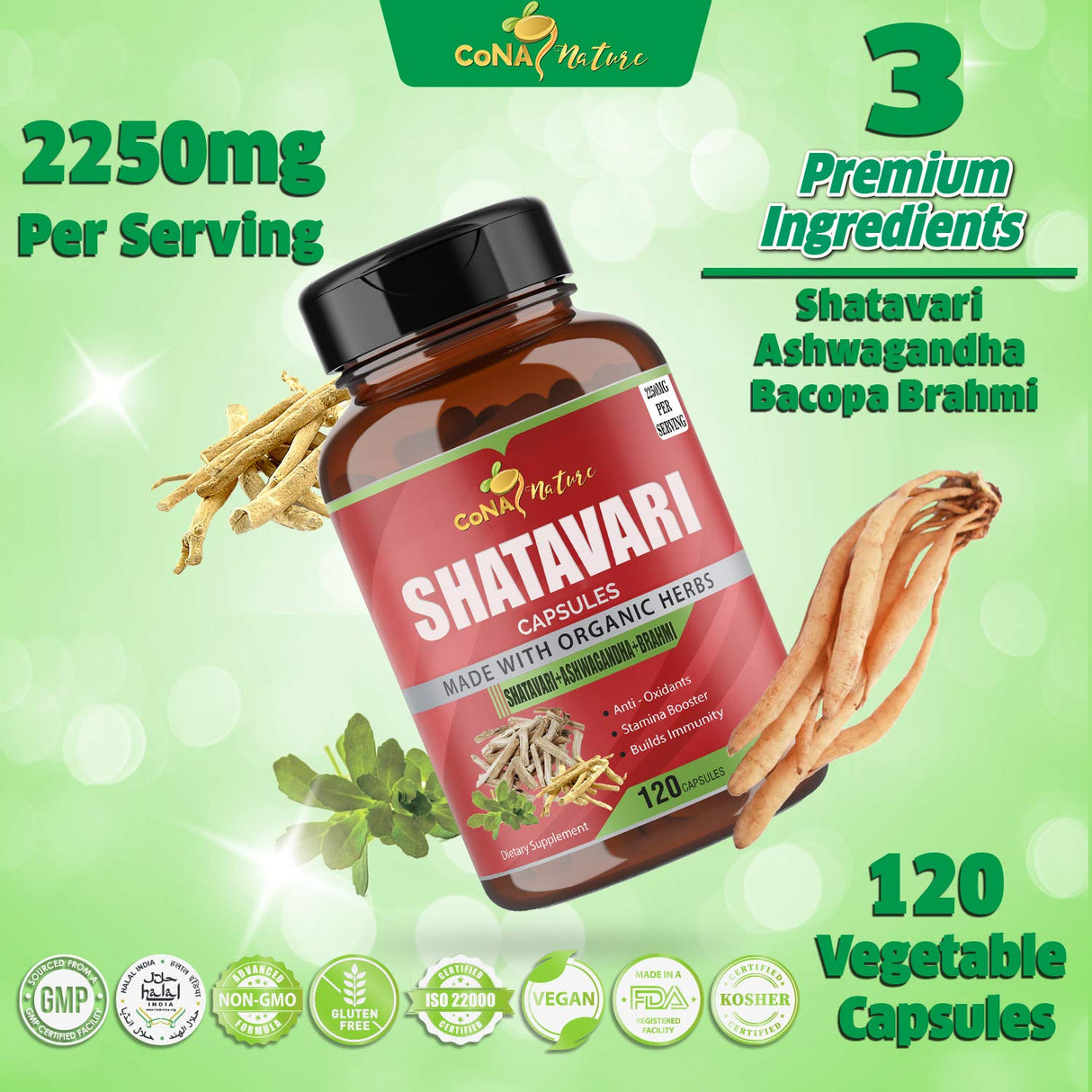 Cona Nature Organic Shatavari Powder Capsules 2250MG with Ashwagandha, Brahmi Extract | Support Women Health, 120 Vegan Capsules