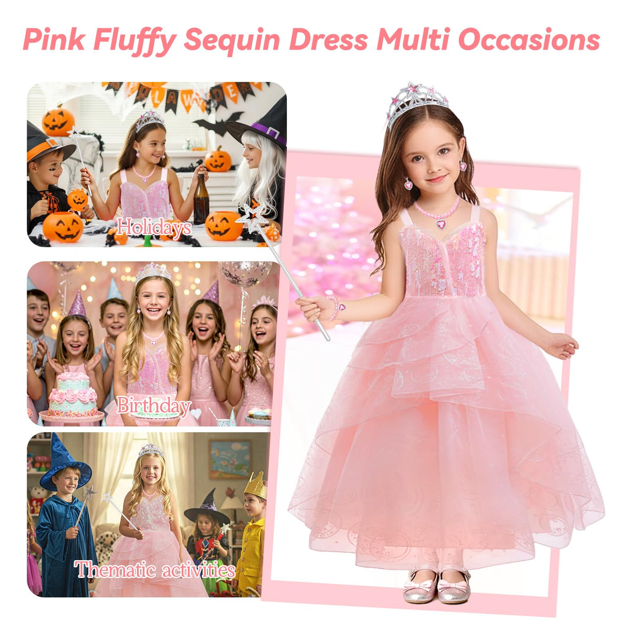 Axwcon Wicked Glinda Dress Costume for Girls, Pink Tulle and Sequin Witch Dress for Kids Christmas、Halloween Cosplay Costumes