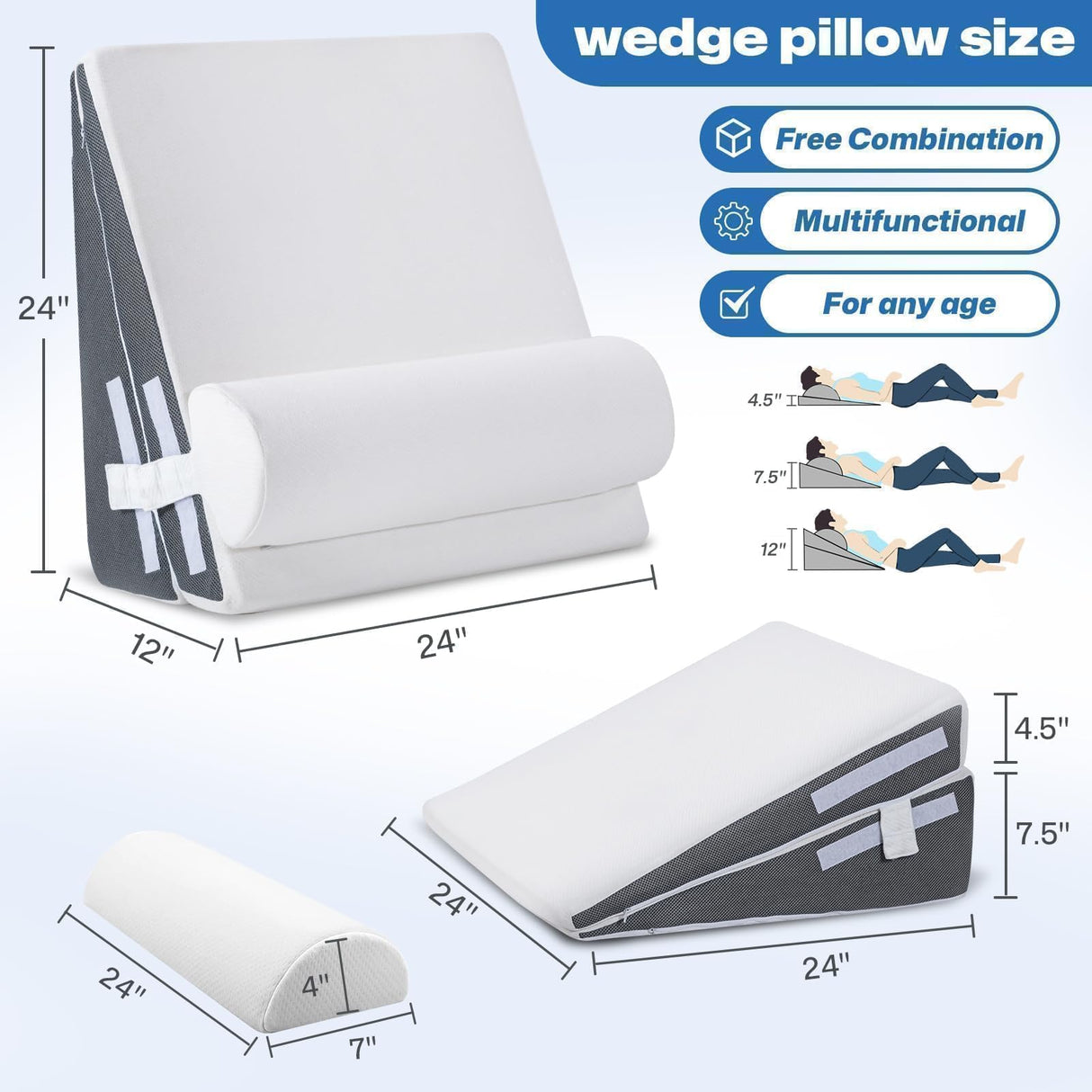 GOHOME Cooling Wedge Pillow Set for After Surgery, 3-Piece Adjustable Memory Foam Bed Wedge Pillow for Sleeping - Acid Reflux, Snoring, Neck Pain and Back Pain, White and Grey