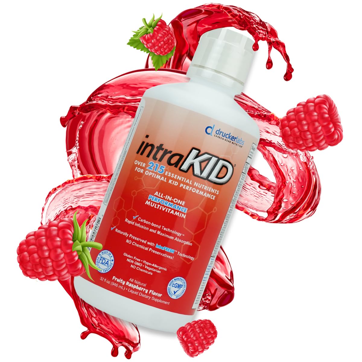 intraKID Drucker Labs Organic Liquid Multivitamin for Kids, Immune Support, Non GMO, Dairy Free, Gluten Free, Magnesium, Vitamin A,C,E, Zinc, (32 oz., Fruity Raspberry)