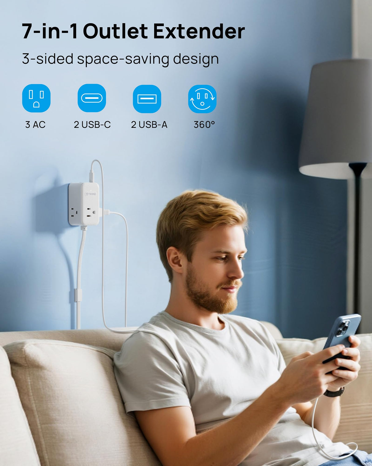 TROND Electrical Outlet Extender 360° Rotating Plug with 20W USB C, 36in Short Extension Cord, Wall Plug Adapter with 3 AC Outlets, Access Hard-to-Reach Outlets Use Behind Couches, Desk, White