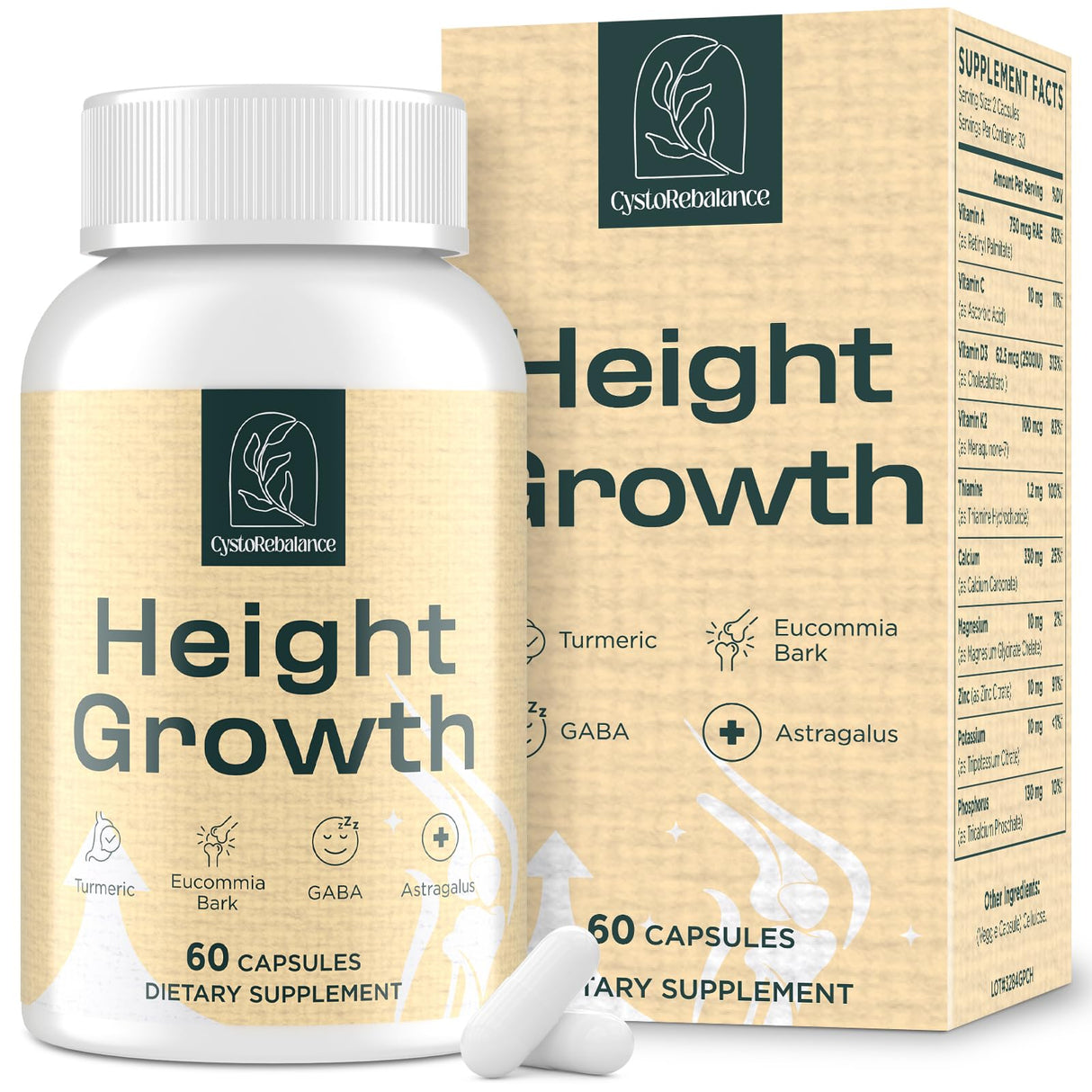 CystoRebalance 25-in 1 Bone Strength Supplement - for Natural Growth, Digestion and Stress - High Absorption - Calcium, Magnesium, Zinc, Ashwaganda and Multivitamins for Age 12+ | 60 Caps