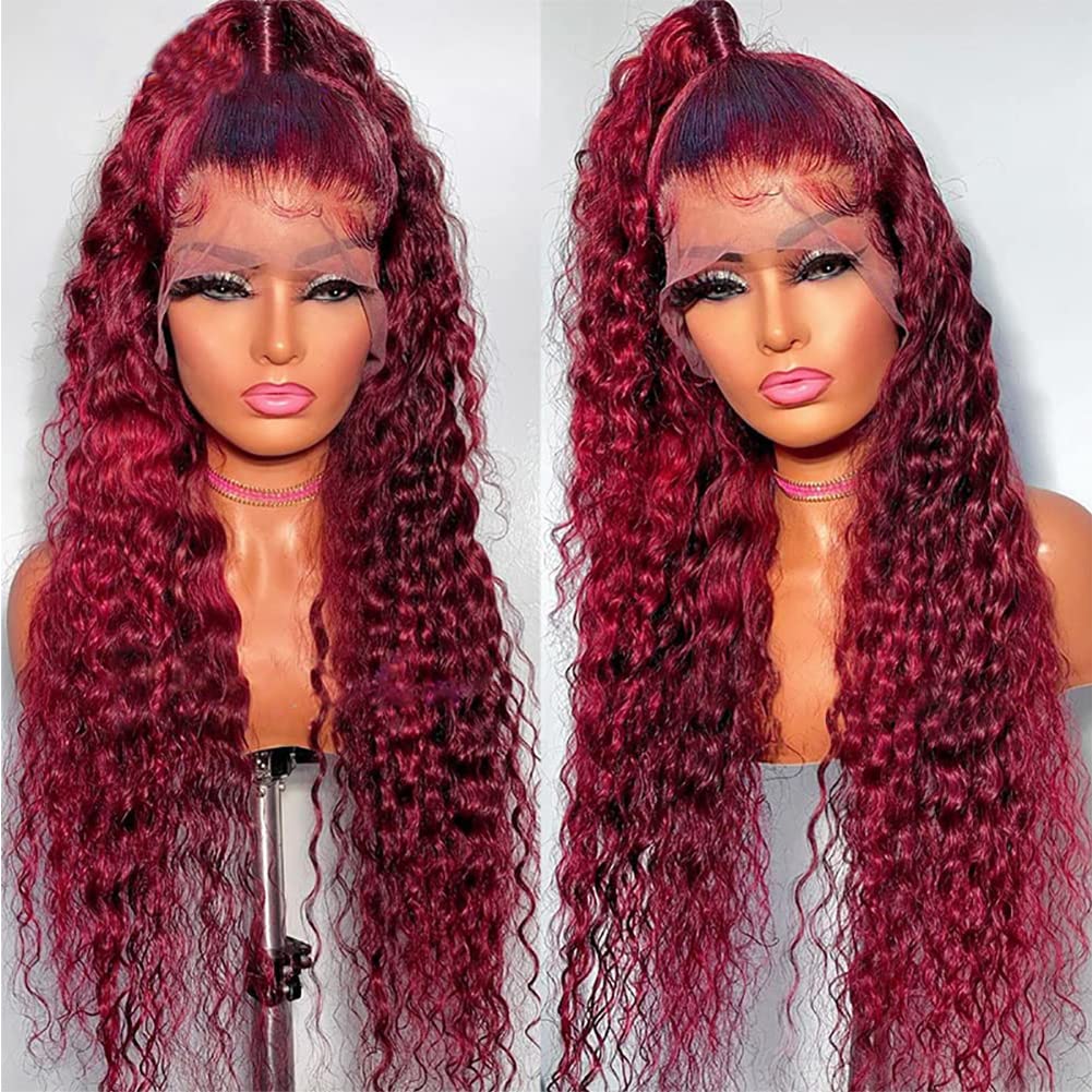 Burgundy Lace Front Wigs for Black Women 24 Inch 99J Deep Wave Wigs 13x4 Transparent Lace Frontal Wigs Glueless Wet and Wavy Red Colored Curly 100% Human Hair Wig Pre Plucked Brazilian Virgin Hair