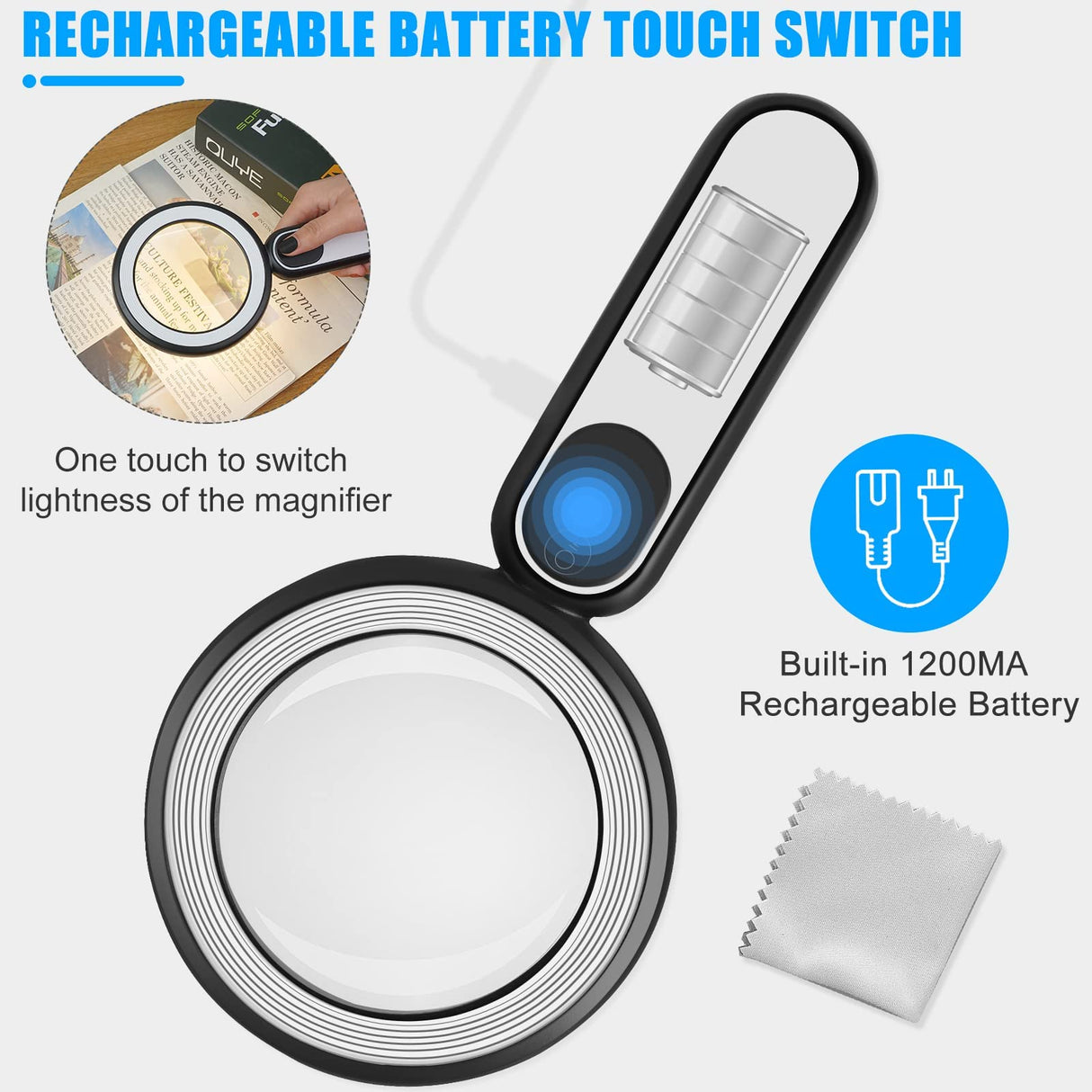 Rechargeable Magnifying Glass with Light, 30X 4.7IN Handheld Large Lightweight Lighted Magnify Len 21 LED 3 Modes Illuminated Book Magnifier forKids,Senior,Reading,Inspection,Coin,JewelryChristmasGift