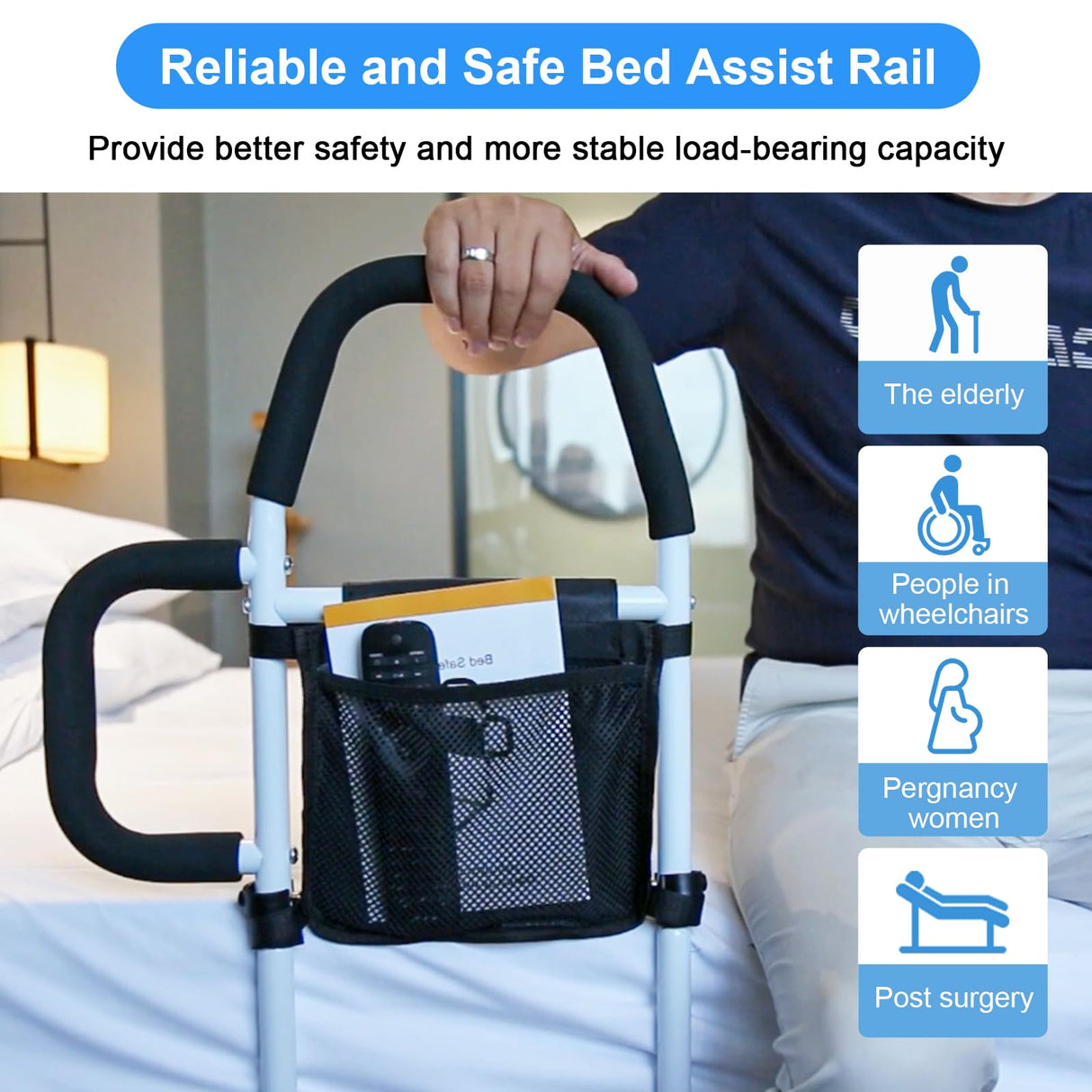 Bed Rails for Elderly Adults Safety-Bed Assist Rail with Double Grab Bars & Fall Prevention Guard & Storage Pocket Fits King, Queen, Full, Twin, Support Up to 300lbs,Height 25.6'' (Double Grab Bars)