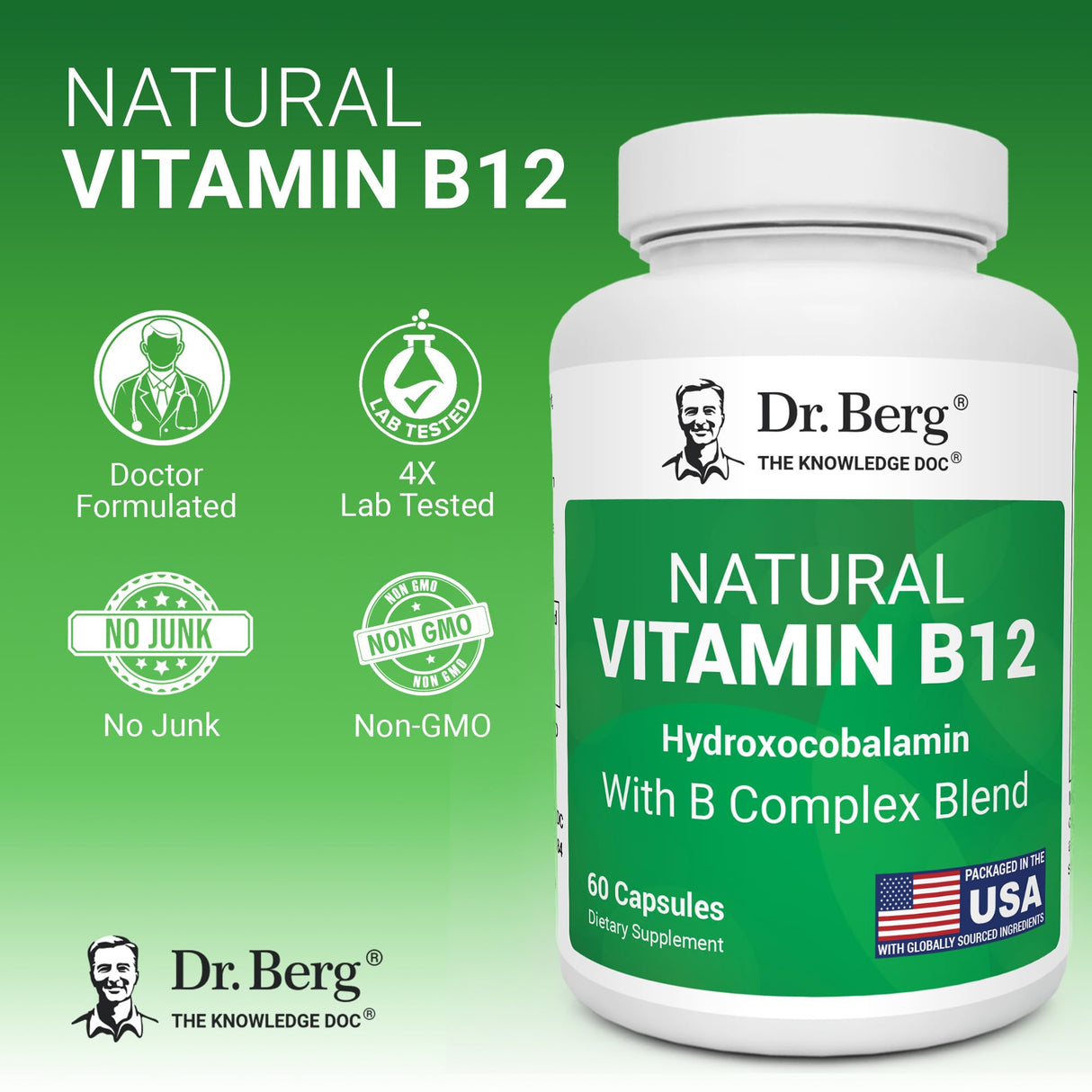 Dr. Berg Natural Vitamin B12 1000 mcg (Hydroxocobalamin) 60 Capsules β Energy, Brain & Nervous System Support* β w/B-Complex + Magnesium β 4X Lab Tested, GMO-Free, No Fillers