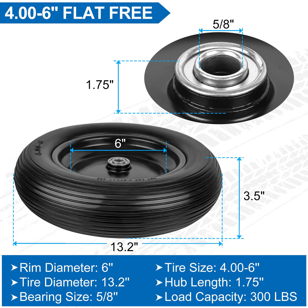 4.00-6 Flat Free Wheelbarrow Tires and Wheels, 13 Inch Wheelbarrow Tires with 5/8" or 3/4" Bearings, 1.75'' Centered Hub Hand Truck Solid Wheels Replacement for Hand Trucks, Dolly Trolleies, 2 PCS