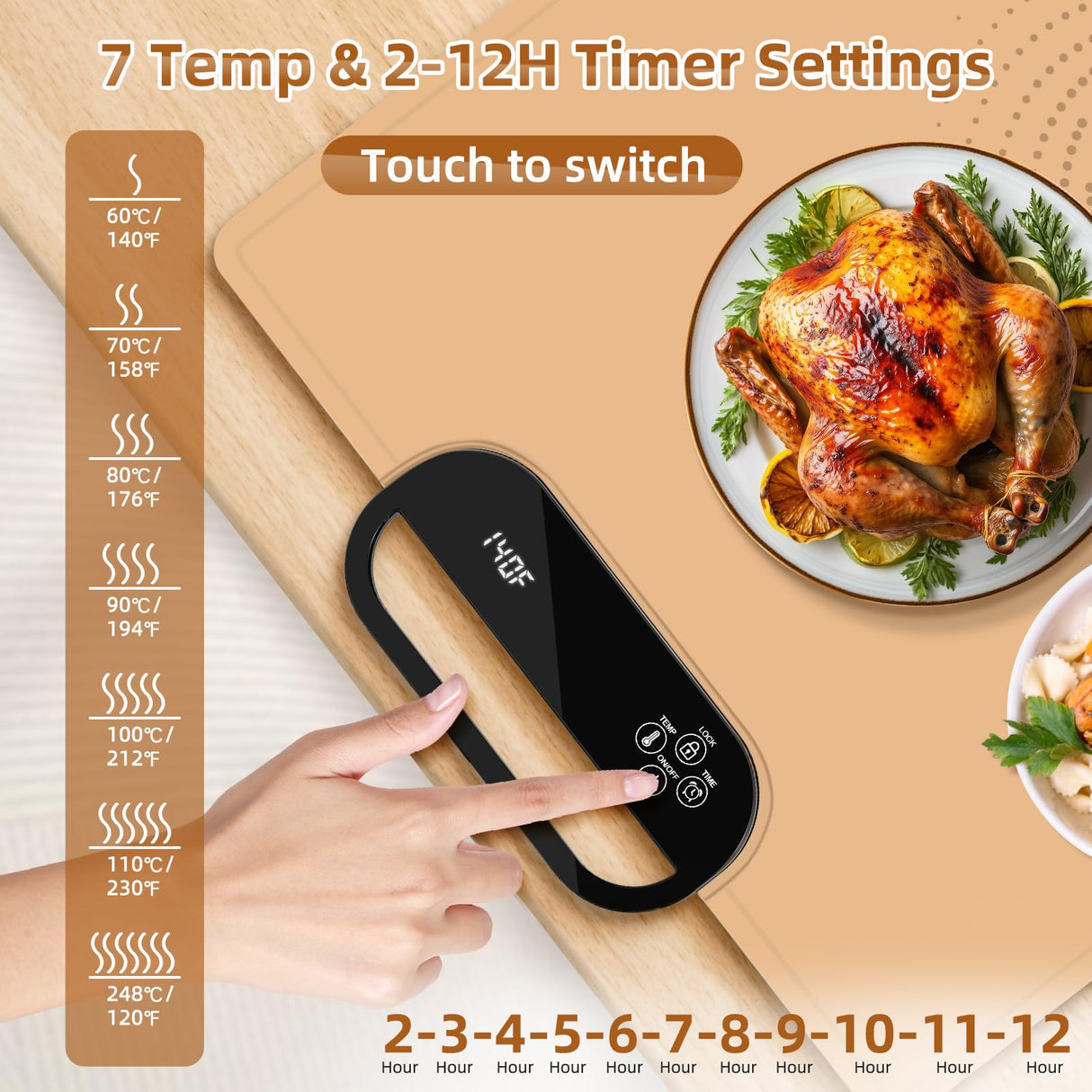 Food Warming Mat – Fast Heating Electric Warming Tray with 7 Temp Settings, 11-Hour Timer & Auto Shut-Off, Foldable Silicone Mat with Child Lock, Portable Warming Pad for Buffets, Holidays – Brown