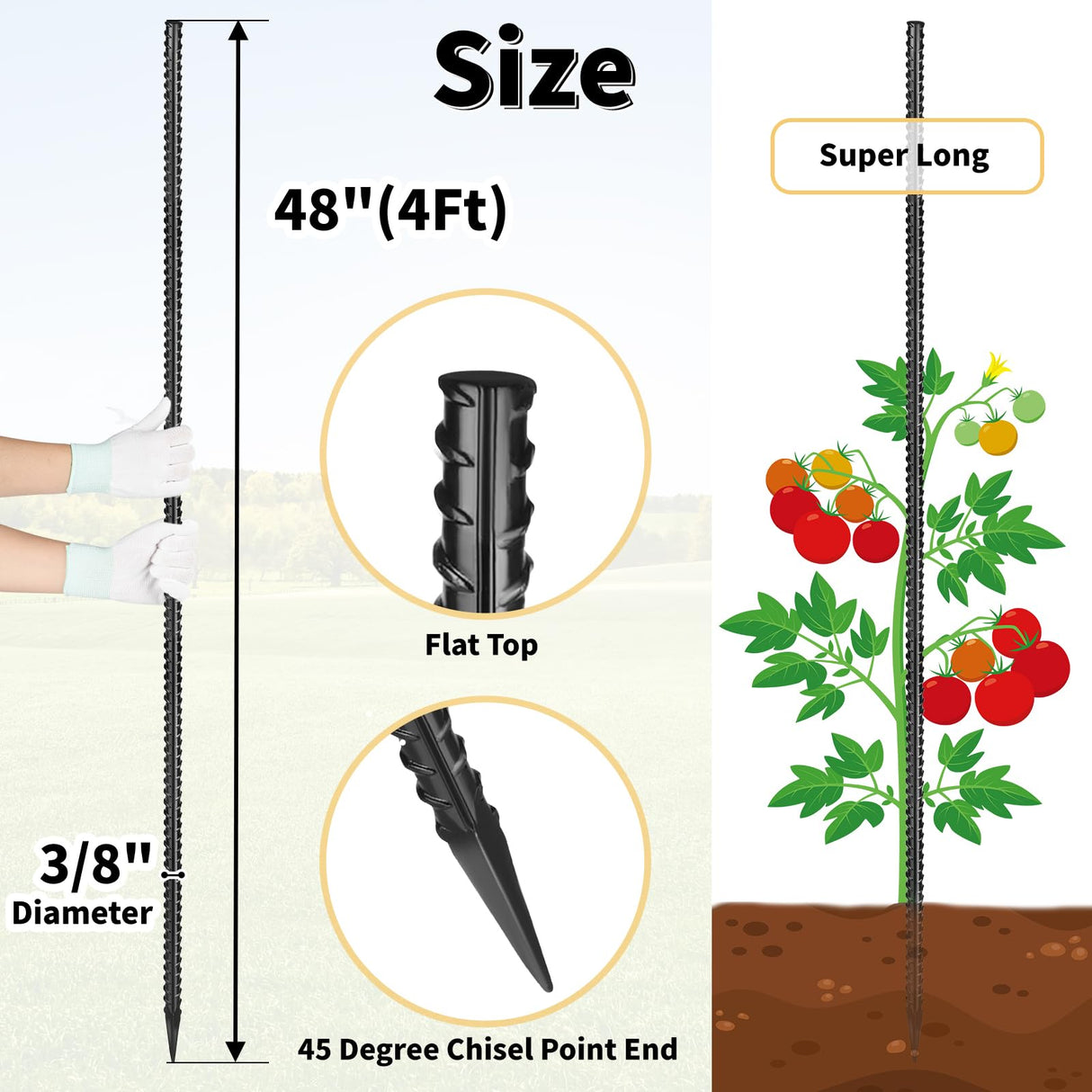 Besitu Rebar Stakes 48 inches 16-Pack Concrete Form Stakes Straight 3/8" Diameter Rebar Ground Metal Stakes for Landscaping, Securing Fence, Garden Plants Support, Survey Markers and Securing Trees