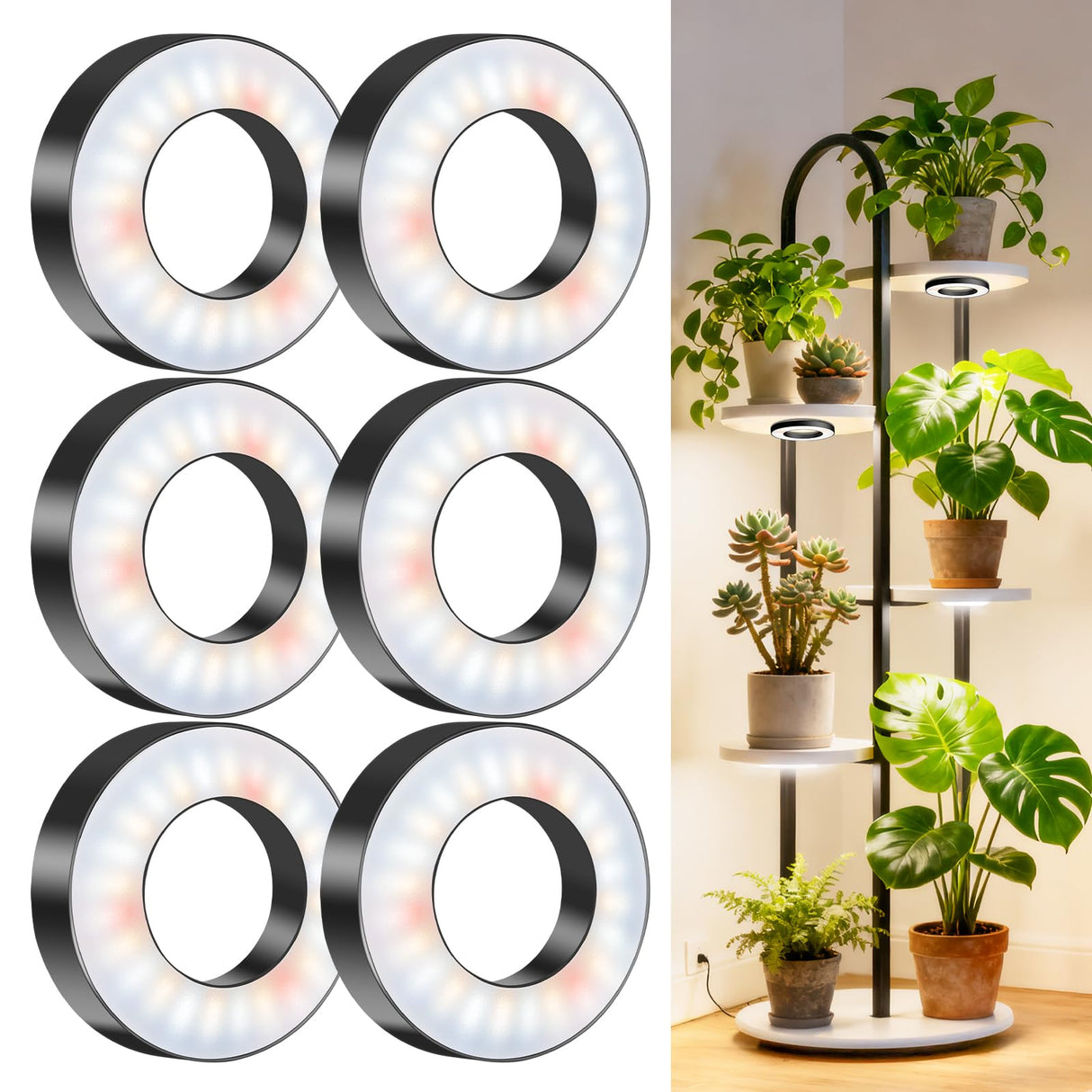 Wiaxulay Ceiling Grow Lights for Indoor Plants, 288 LED Full Spectrum 3.5in Halo Plant Grow Light, 12/3A Under Cabinet Grow Lamp with Auto Timer 6/12/16 Hrs, 3 Lighting Mode, 5 Brightness, Six Head