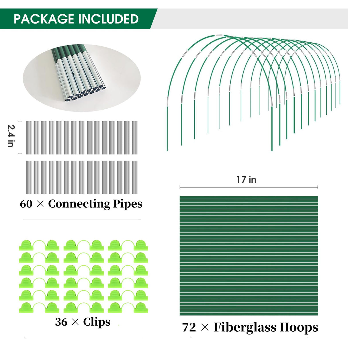 Hoyejyou 72Pcs Garden Hoops for Raised Beds Wide, 12 Sets of 8Ft Greenhouse Hoops Grow Tunnel, Rust-Free Fiberglass Hoops Frame for Row Cover Netting Shade Cloth DIY Garden Stakes Supplies