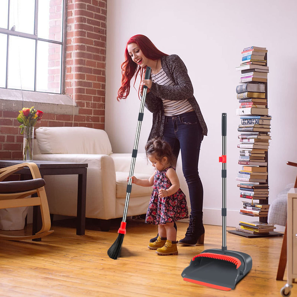 kelamayi Upgrade Broom and Dustpan Set, Broom with Dustpan Combo Set, Large Size and with Long Handle, Upright,Ideal for Indoor Outdoor Garage Kitchen Room Office Lobby Use (Black&Red)