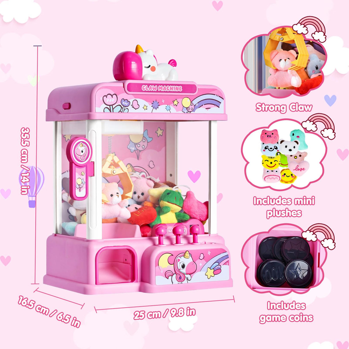 CWLAKON Claw Machine for Kids, Mini Vending Machine Girls Unicorn Toys with Sound & 20 Mini Toys, Candy Grabber Prize Dispenser Machine Electronic Arcade Games, Christmas Birthday Gifts, Pink