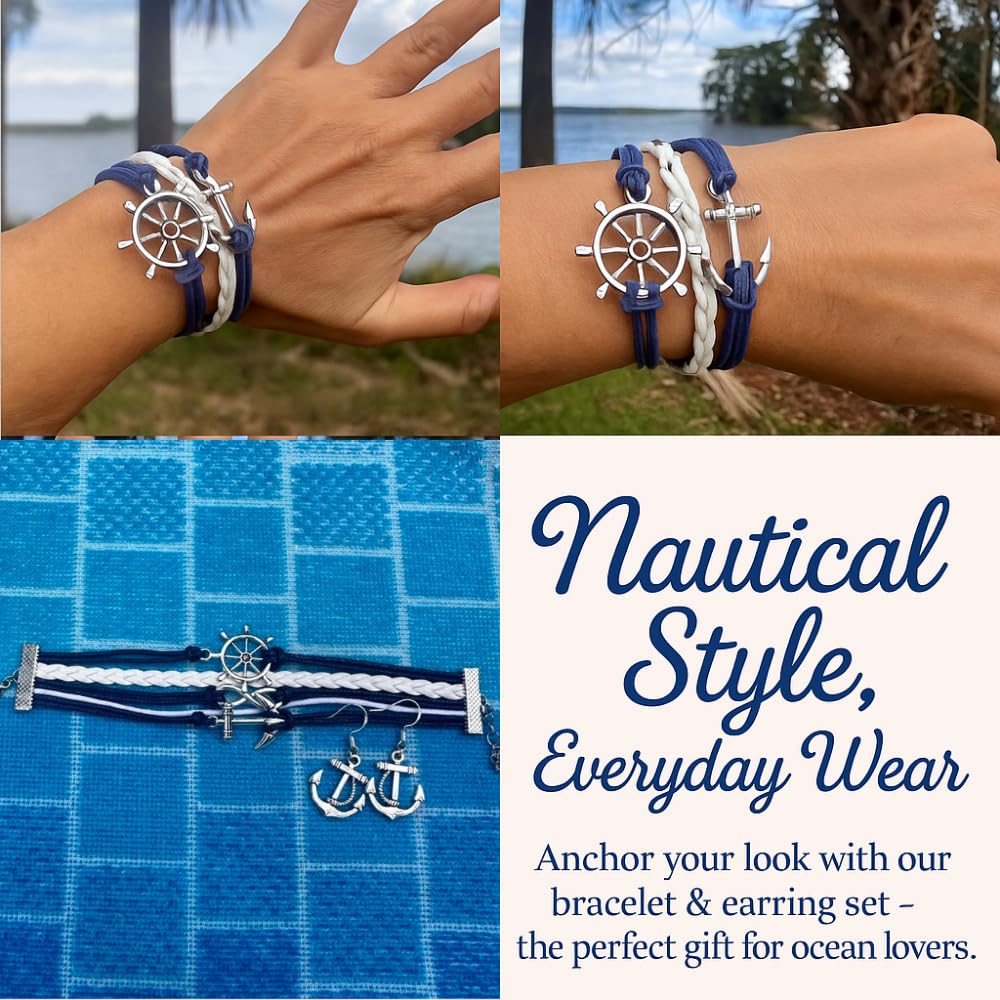 Infinity Collection Nautical Anchor Bracelet & Earrings Set, Navy & White