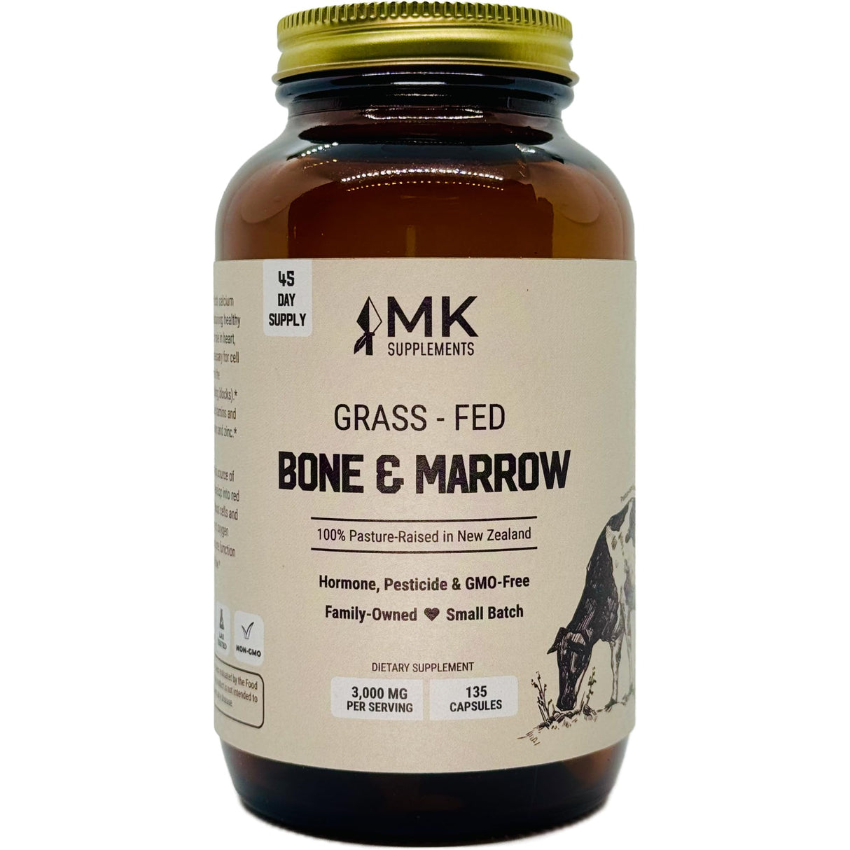 MK Supplements – Grass-Fed Beef Bone & Marrow 3000 mg, Beef Bone Marrow Supplement, 100% Pasture-Raised New Zealand Cattle, 45-Day Supply, Calcium for Teeth and Bones