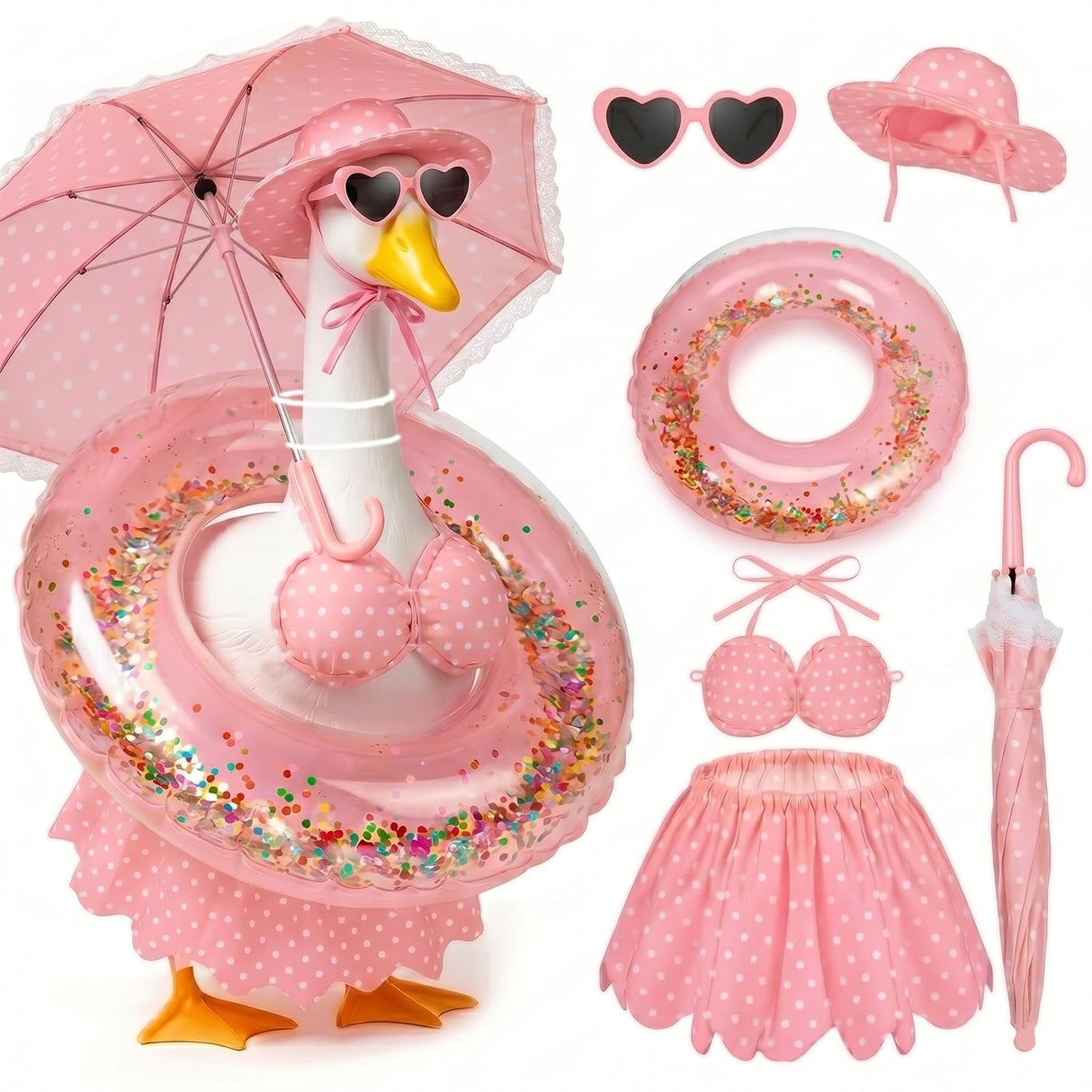 DaGailen Summer Porch Goose Outfits 23 Inch, Pink Polka Dot Porch Goose Bikini Set with Parasol Umbrella, Swim Ring, Sun Hat and Heart Sunglasses, Porch Goose Accessories for Yard Garden Patio Decor