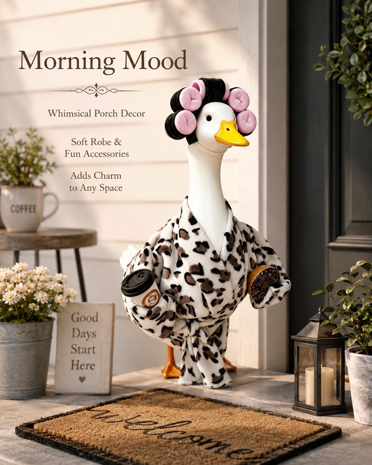 GSPIM Leopard Print Robe Porch Goose Outfits for 23" Goose Statue Funny Retro Home Patio Decor with Hair Curlers Bath Robe Waist Belt Coffee Cup Donut (Leopard Print Bathrobe)