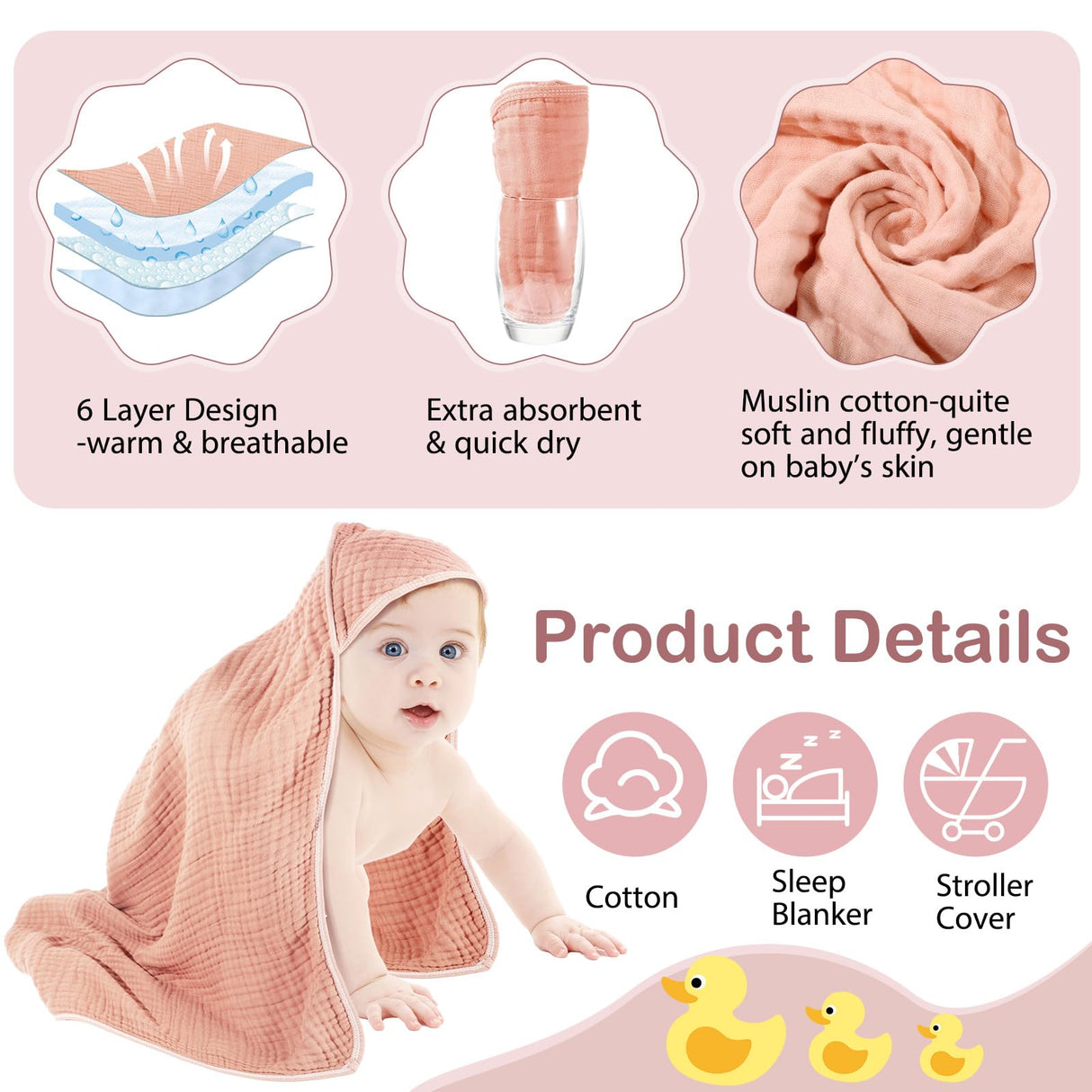 Peryiter 4 Pcs Muslin Hooded Baby Towels, 32"x 32" Cotton Newborn Bath Towel Muslin Infant Baby Blankets Absorbent Unisex Christmas Registry Gift Essentials for Girls Boys (Light Pink)