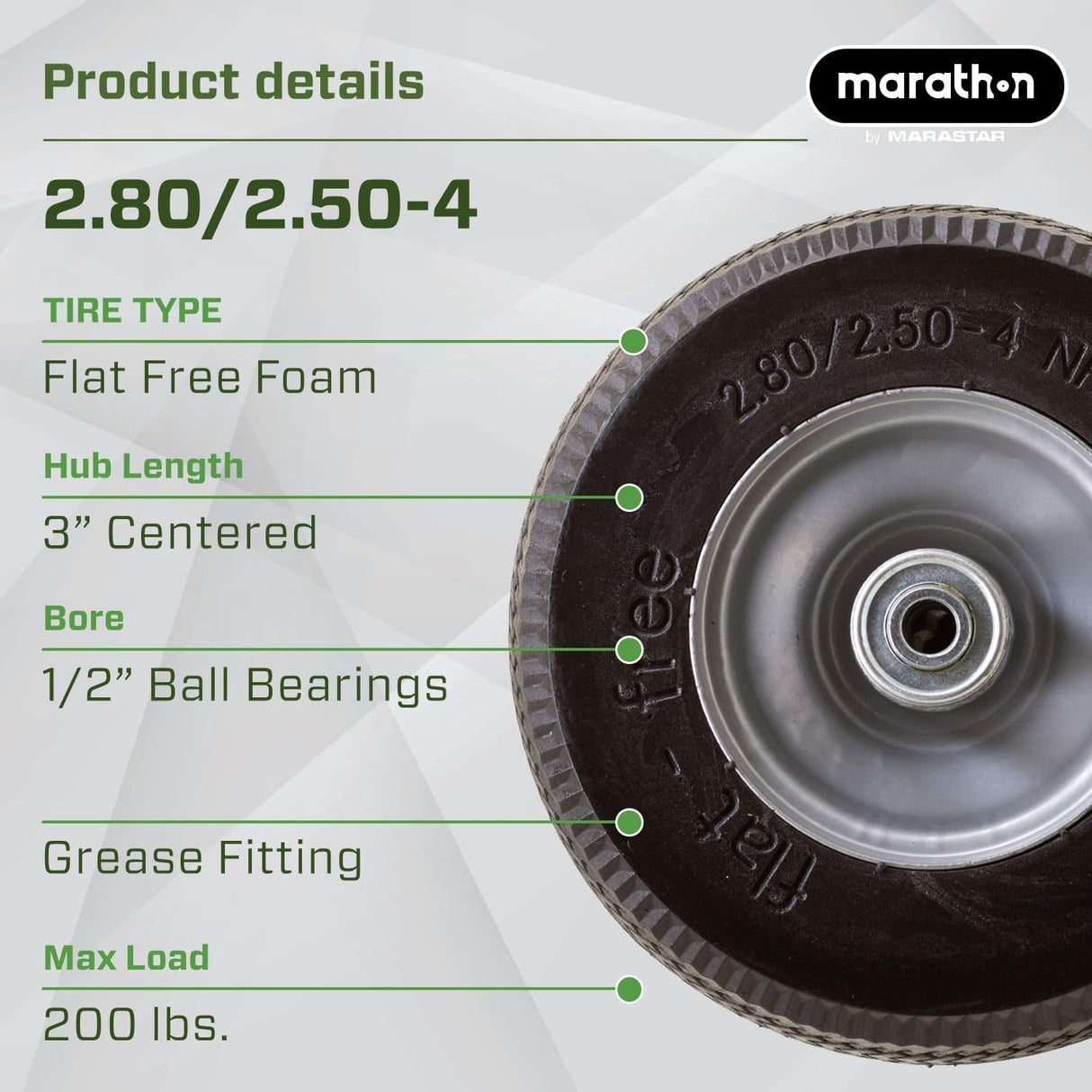 Marathon 00026 Flat Free 2.80/2.50-4 Tire and Wheel Assembly, 3” Centered Hub, 1/2” Ball Bearings, Replacement Tire for Casters, Utility Carts and Other Equipment, Easy Install Assembly