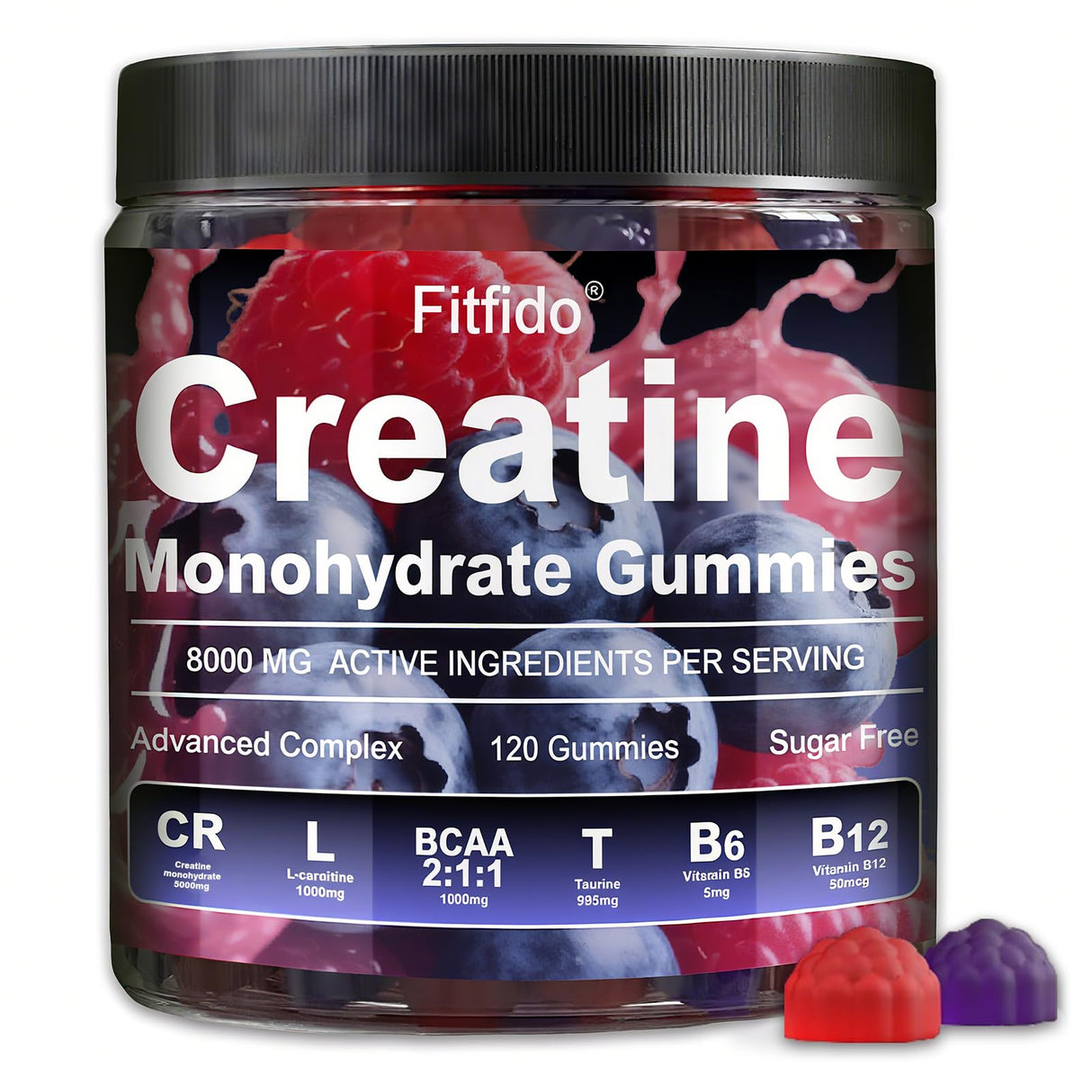 Creatine Monohydrate Gummies Complex 8000mg for Men and Women, Containing L-carnitine & Taurine, Build Muscle, Boost Energy, Faster Recovery, Pre-Workout Supplement, Raspberry & Blackberry, 120 Count