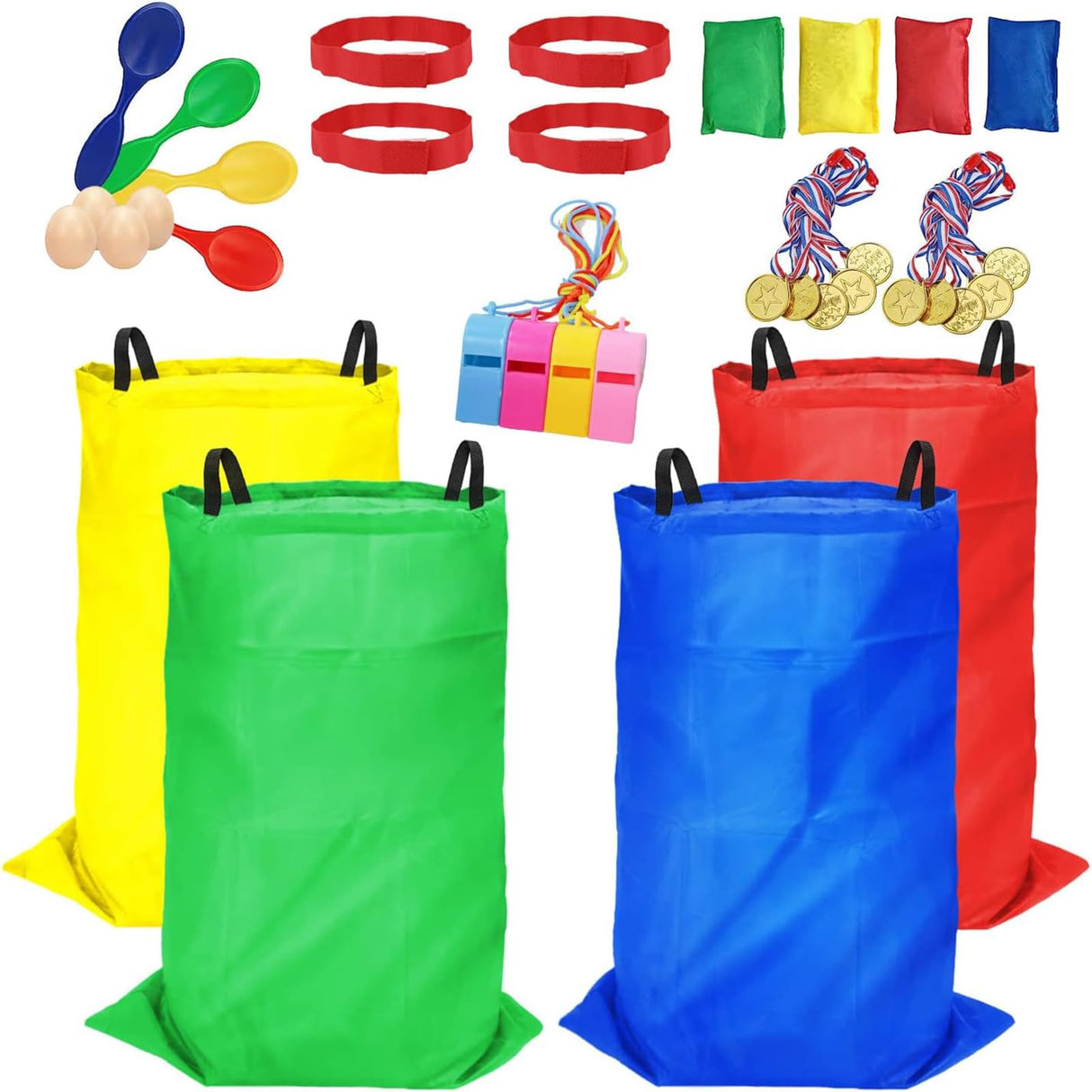 32 Pcs Outdoor Games Potato Sack Race Bags for Kids Adults, Bean Bag Toss Game, 3 Legged Race Bands, Egg Spoon Relay Race Game, Carnival Outside Yard Lawn Games for Easter Christmas Birthday Party