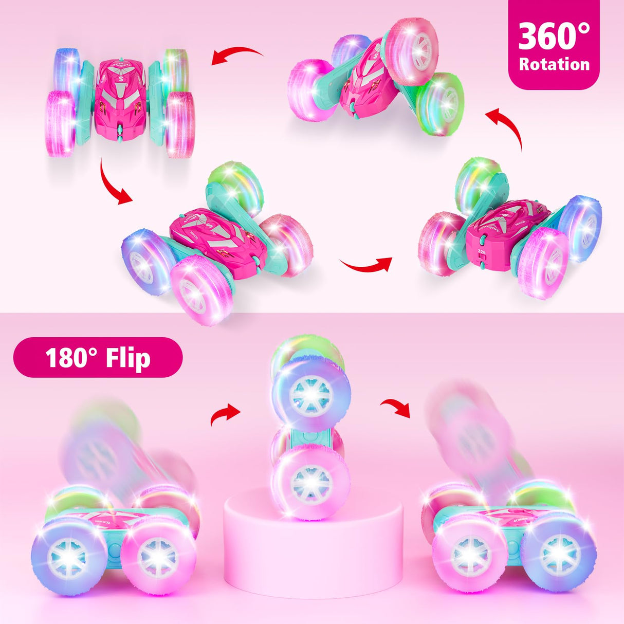 Amicool Remote Control Car for Girls 3-12 with Flashing Light, Toys 4 5 6 7 8 9 Years Old Girl Birthday Gifts Idea, RC Cars Stunt 4WD 2.4Ghz Double Sided 360° Flip, Present for Kids, Christmas, Pink