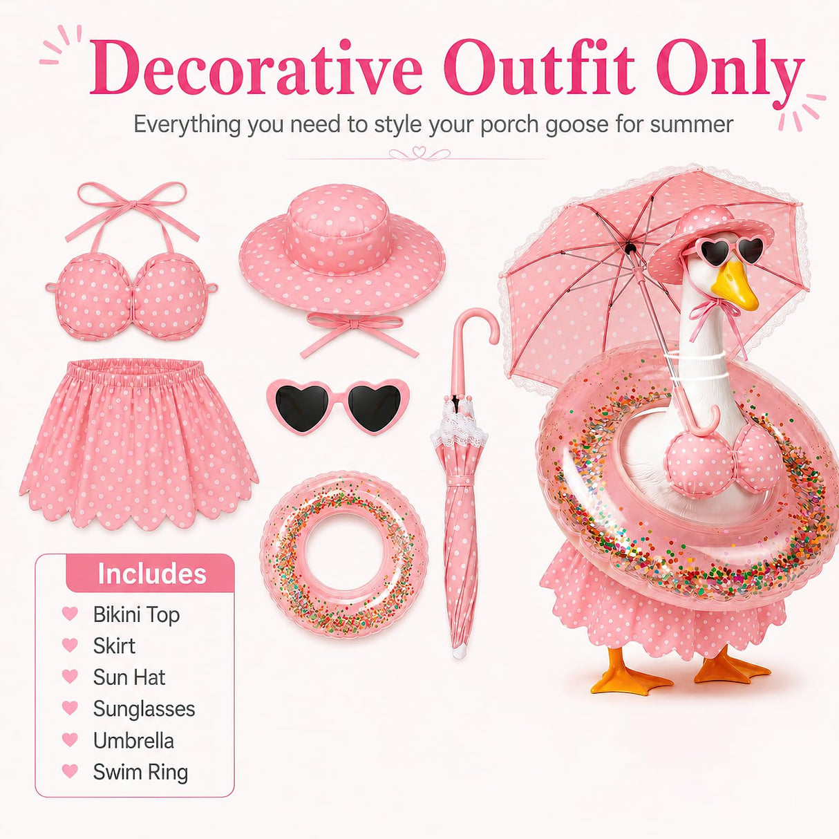 DaGailen Summer Porch Goose Outfits 23 Inch, Pink Polka Dot Porch Goose Bikini Set with Parasol Umbrella, Swim Ring, Sun Hat and Heart Sunglasses, Porch Goose Accessories for Yard Garden Patio Decor