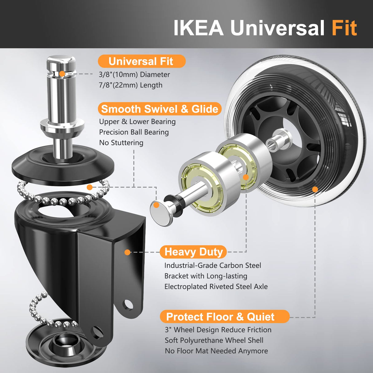 Soontrans Office Chair Wheels 10mm Stem, Compatible with IKEA Chairs ONLY, 3/8" Replacement Rubber Chair Casters, Set of 5, Desk Chair Caster Wheels Protection for Hardwood Floors Carpet