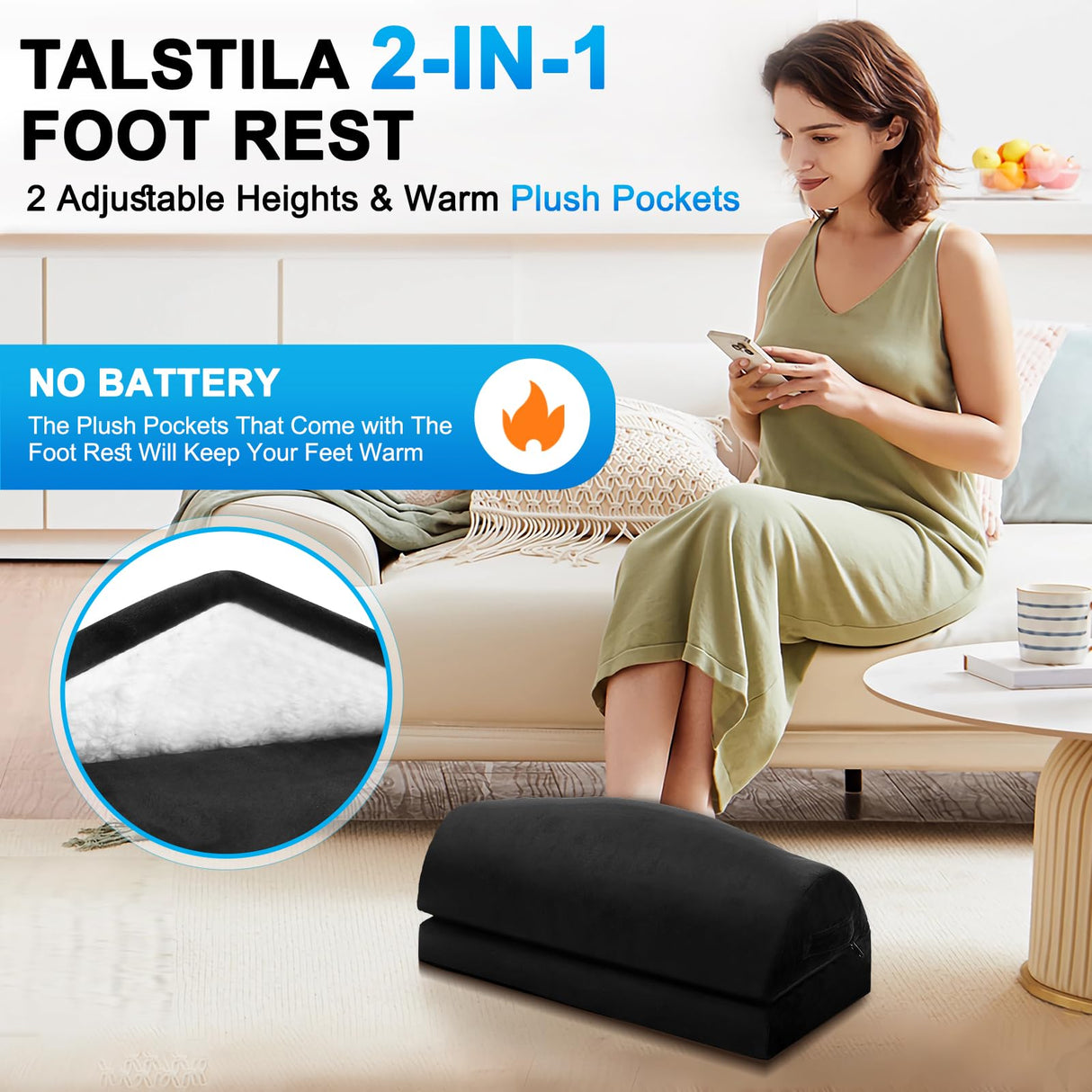 TALSTILA Foot Rest for Under Desk at Work, Footrest with Warm Plush Feet Pocket, Ergonomic 2 Adjustable Heights Foot Stool, Under Desk Footrests, for Office Desks & Chair - Back & Leg Pain Relief