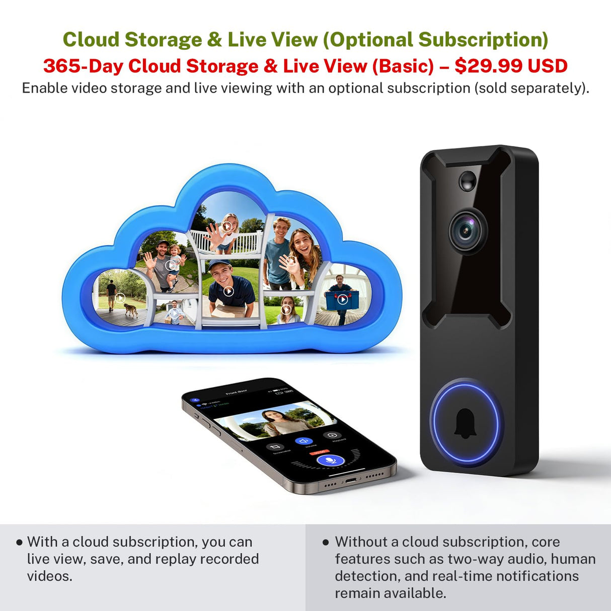 SiloPosh 1080P Wireless Wi-Fi Video Doorbell Camera, Dome Home Security, Night Vision, Two-Way Audio, Cloud Storage, Smart AI Motion Detection, Live View, Battery Powered, Indoor Outdoor Surveillance