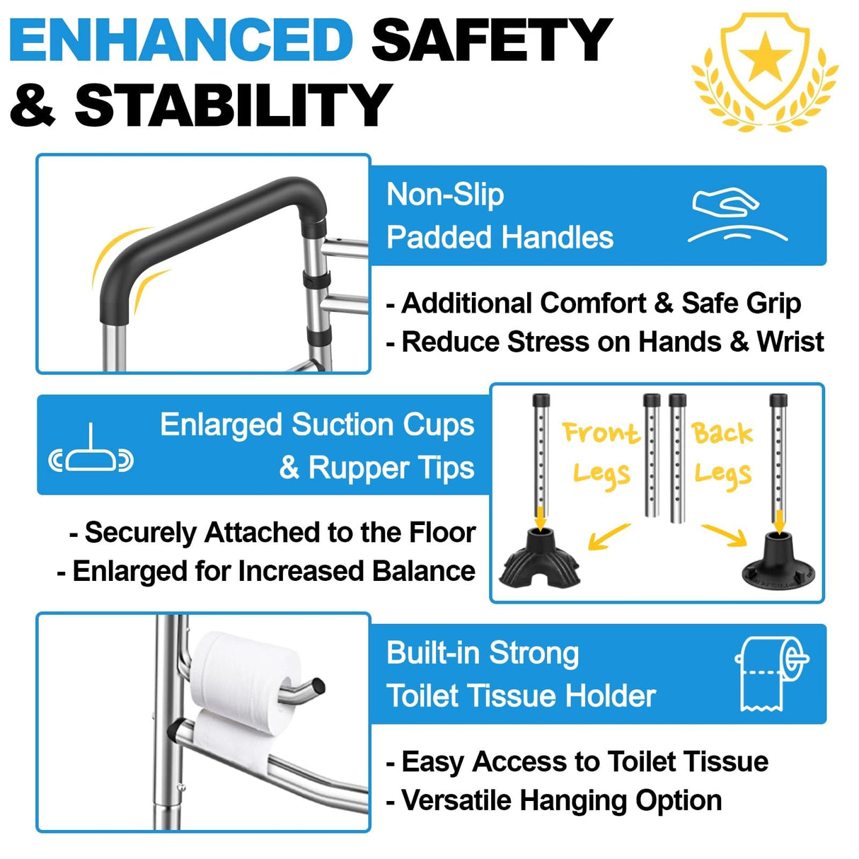 Toilet Safety Rails (380 lb) - Heavy Duty Stainless Steel Toilet Safety Frame with Handles - Adjustable Medical Toilet Stand Alone Support for Elderly Seniors Handicap & Disabled - Fits Most Toilets