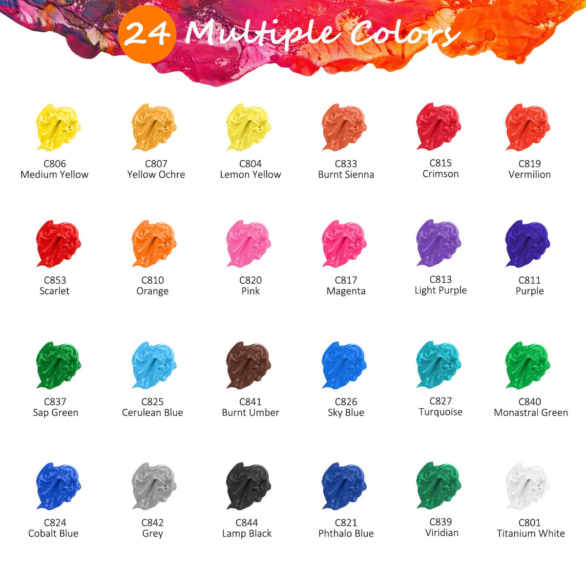 Caliart Acrylic Paint Set of 24 Colors with 12 Brushes
