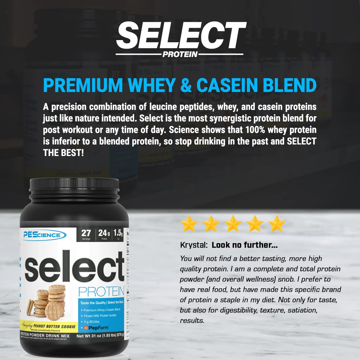 PEScience Select Protein Powder, Whey and Casein Blend, Clean Protein Powder for Women and Men, Low Calorie, Low Carb, Keto Friendly, Gluten Free, Peanut Butter Cookie, 27 Servings