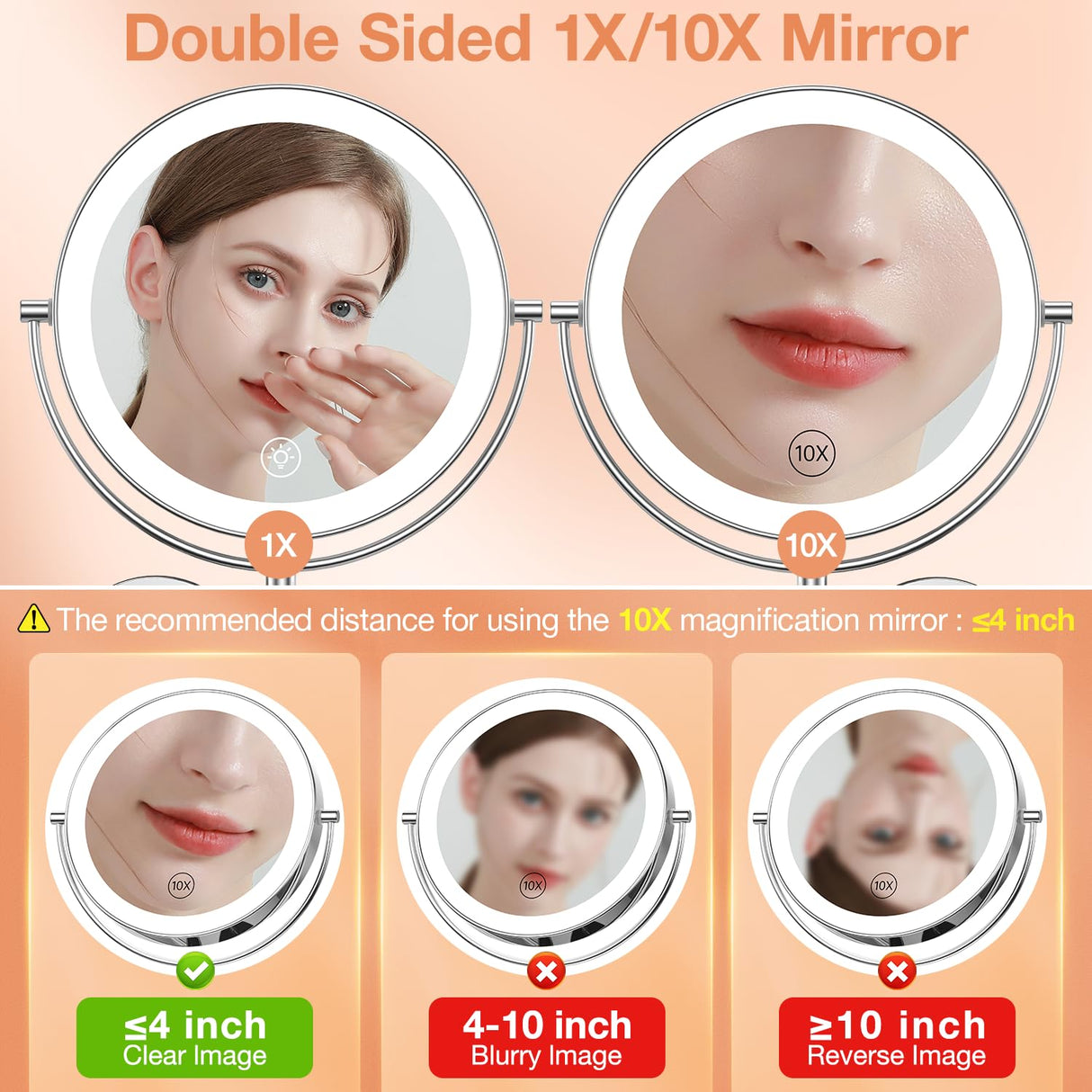 Benbilry 9" Large Wall Mounted Lighted Makeup Mirror, 1X/10X Magnifying Double-Sided AC Powered Bathroom Mirror with 3 Color Lights, Touch Dimmable, Extended Arm 360 Rotation