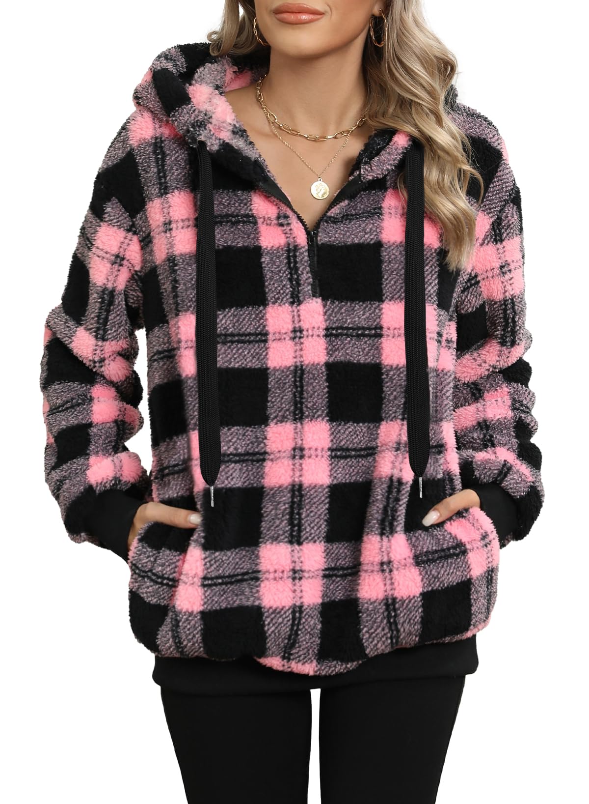 Nirovien Womens Sherpa Hoodie Fuzzy Sweatshirt Fleece Jacket Christmas Sweatshirt Pink Plaid Fluffy Sweaters(Plaid Pink Black,L)