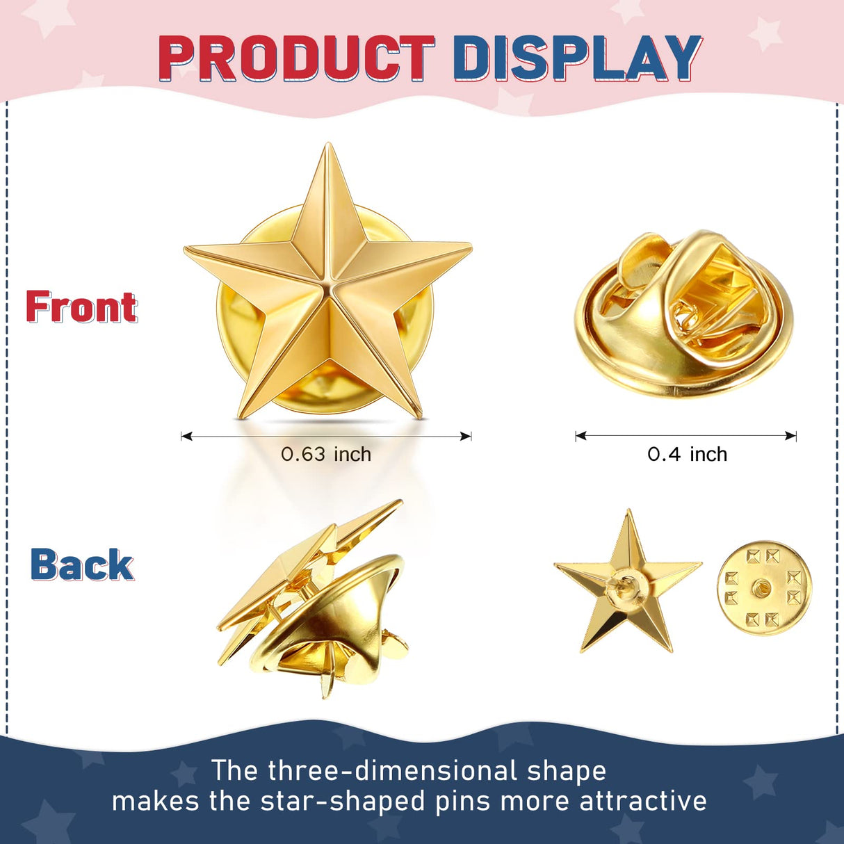 Fumete 100 Pcs Gold Star Lapel Pins, Independence Day Star Pins, Military Award Labor Day Brooches for Backpacks Hats 4th of July Costume Decoration