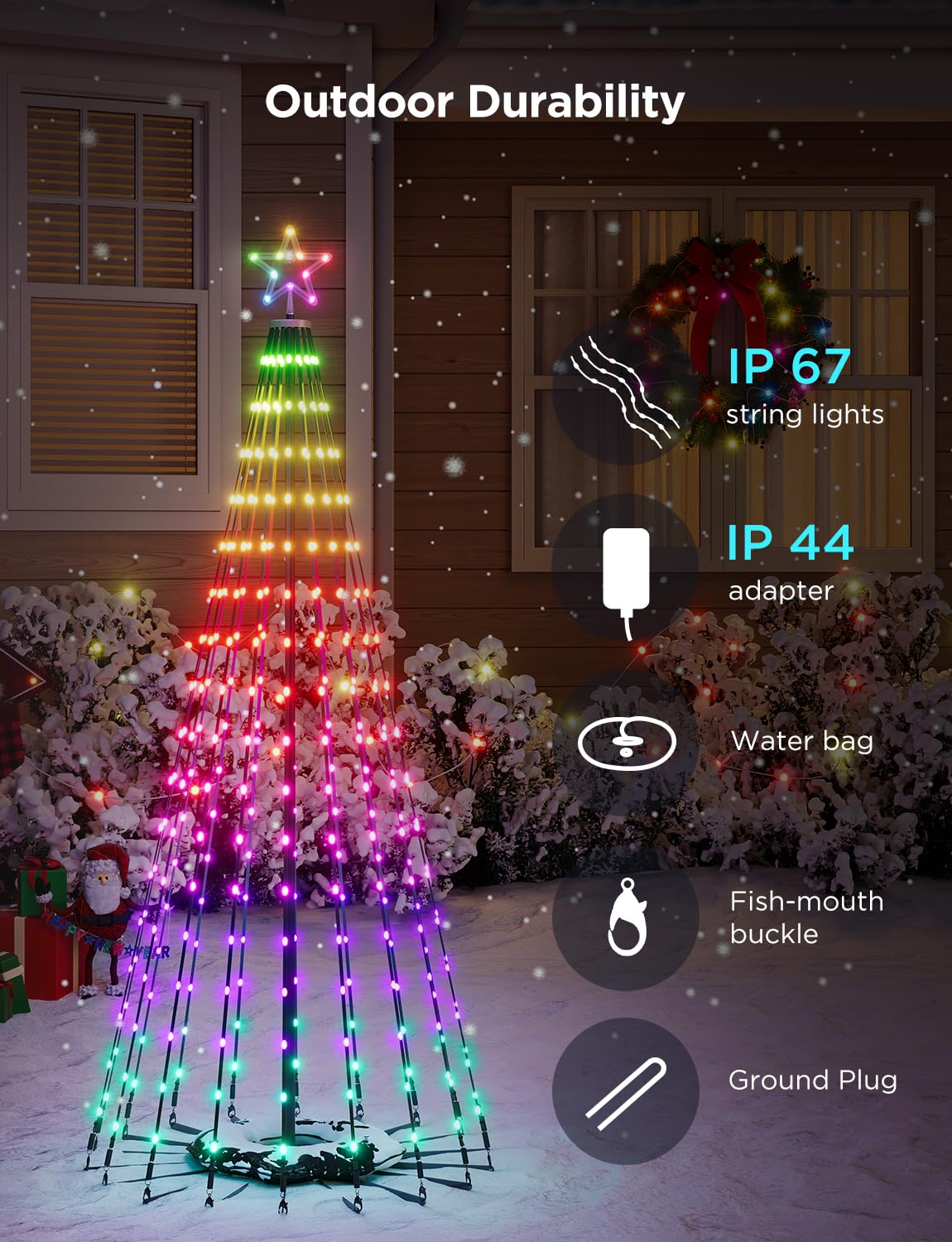Govee Christmas Cone Tree Lights, 7.5ft 370 LEDs RGBIC Christmas Tree Lights with Smart App Control, IP67 Waterproof Outdoor String Lights for Christmas Decorations, 82+ Scene Modes, Music Sync