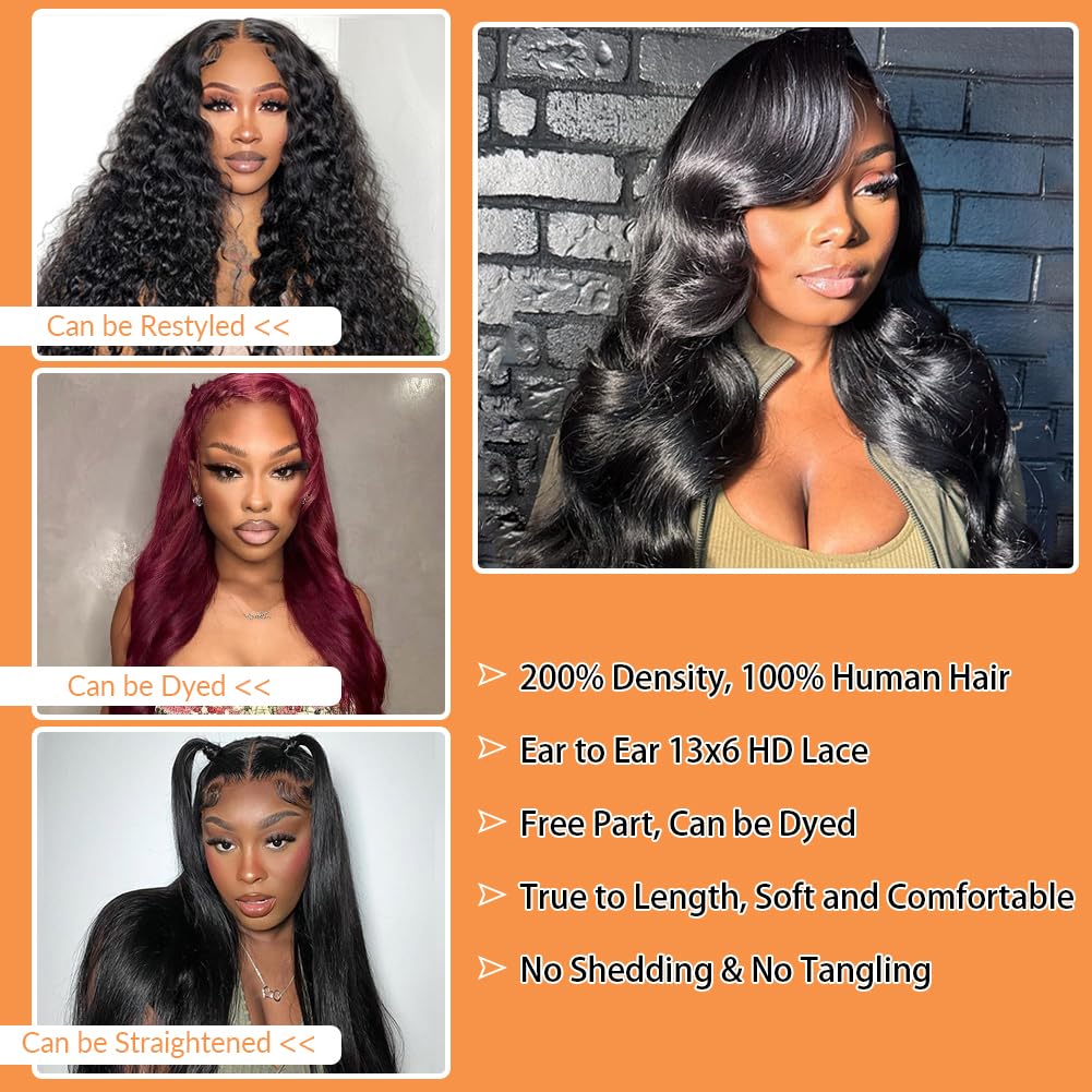 Aoque 30 Inch Body Wave Lace Front Wigs Human Hair 13x6 Hd Lace Front Wigs Human Hair Pre Plucked 200 Density Natural Color Brazilian Virgin Hair Glueless Frontal Wigs for Women