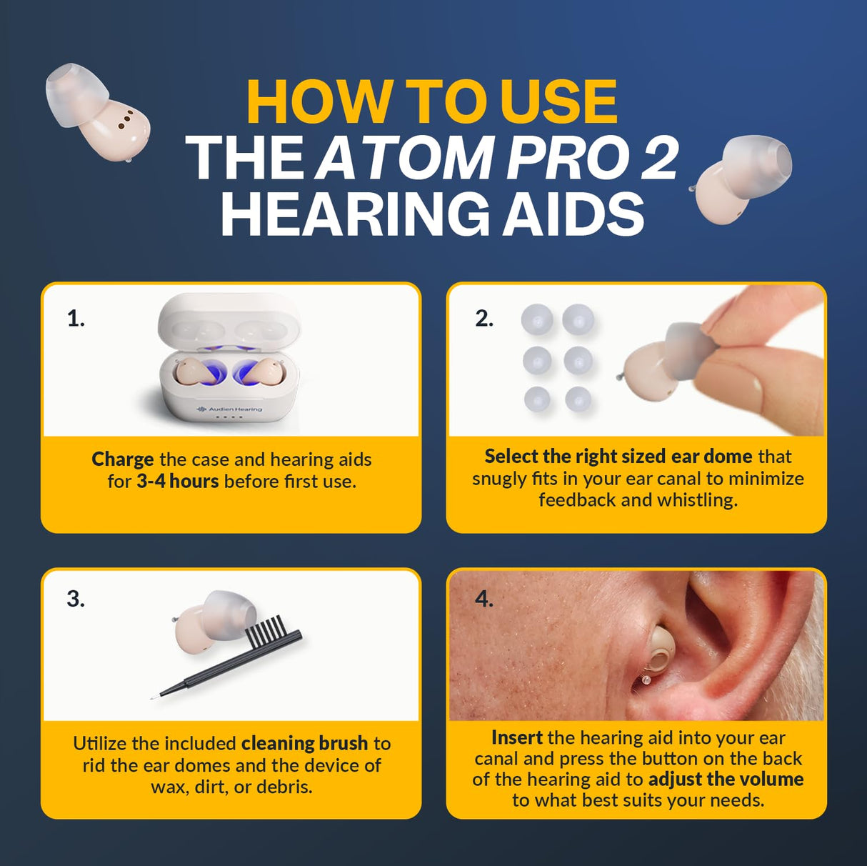 Audien ATOM PRO 2 Wireless Rechargeable OTC Hearing Aid, Premium Comfort Design and Nearly Invisible
